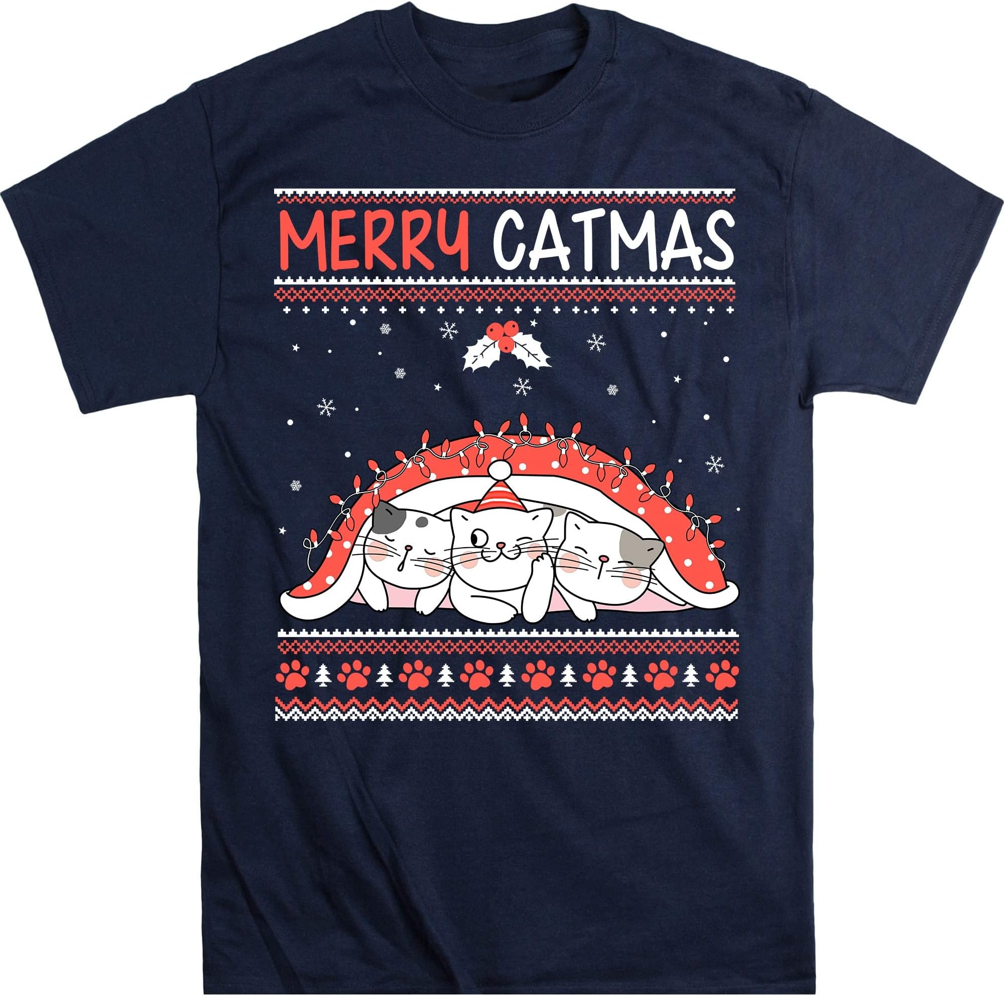 Christmas Cats T Shirt, Merry Catmas, Funny Cat Lover Merry Christmas Shirts, Meowy Catmas – Navy/XX-Large