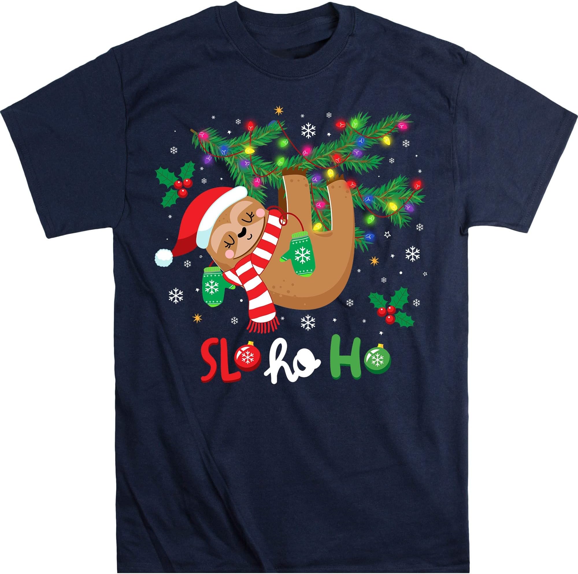 Merry Slothmas Shirt, Santa Sloth Lights Sloth Lover Gift Sloth T-Shirt, Sloth Christmas Tree Funny Shirt – Navy/Large