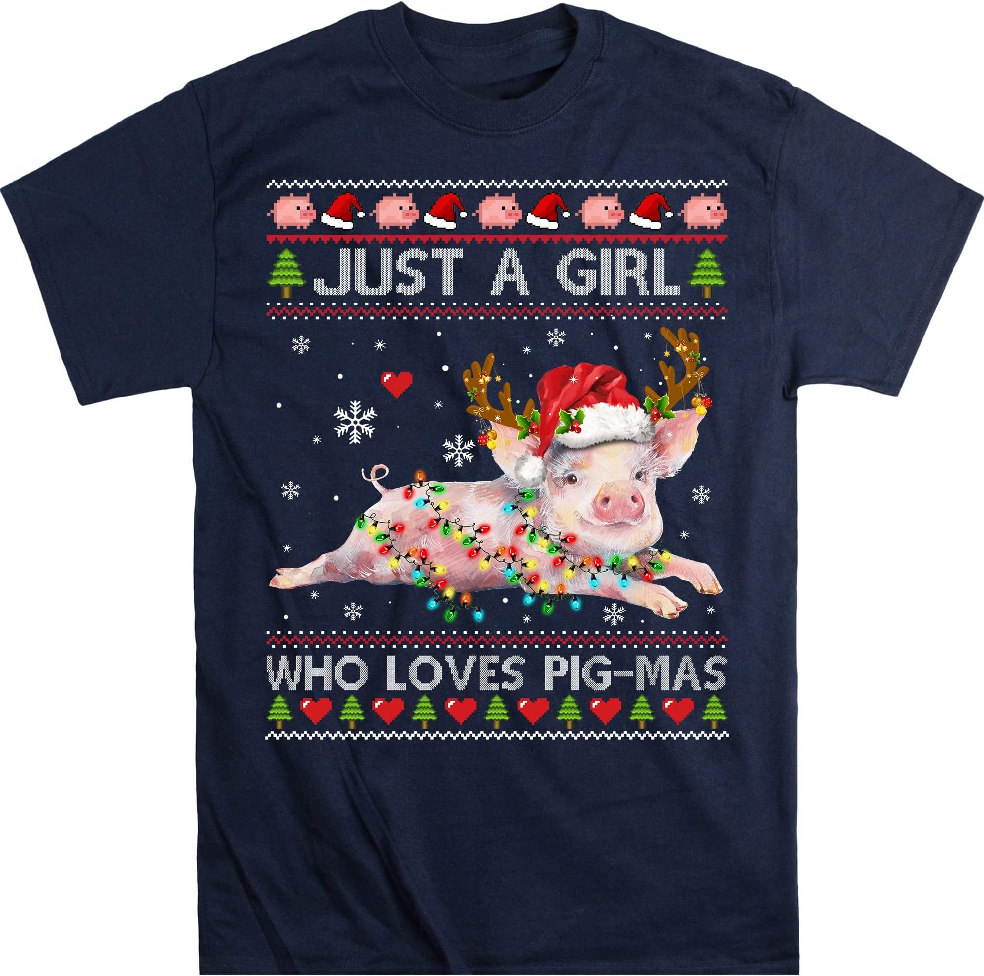 Funny Pigs Christmas Xmas T-Shirt, Pig Lovers Lights Christmas Pajama T-Shirt – Navy/Medium