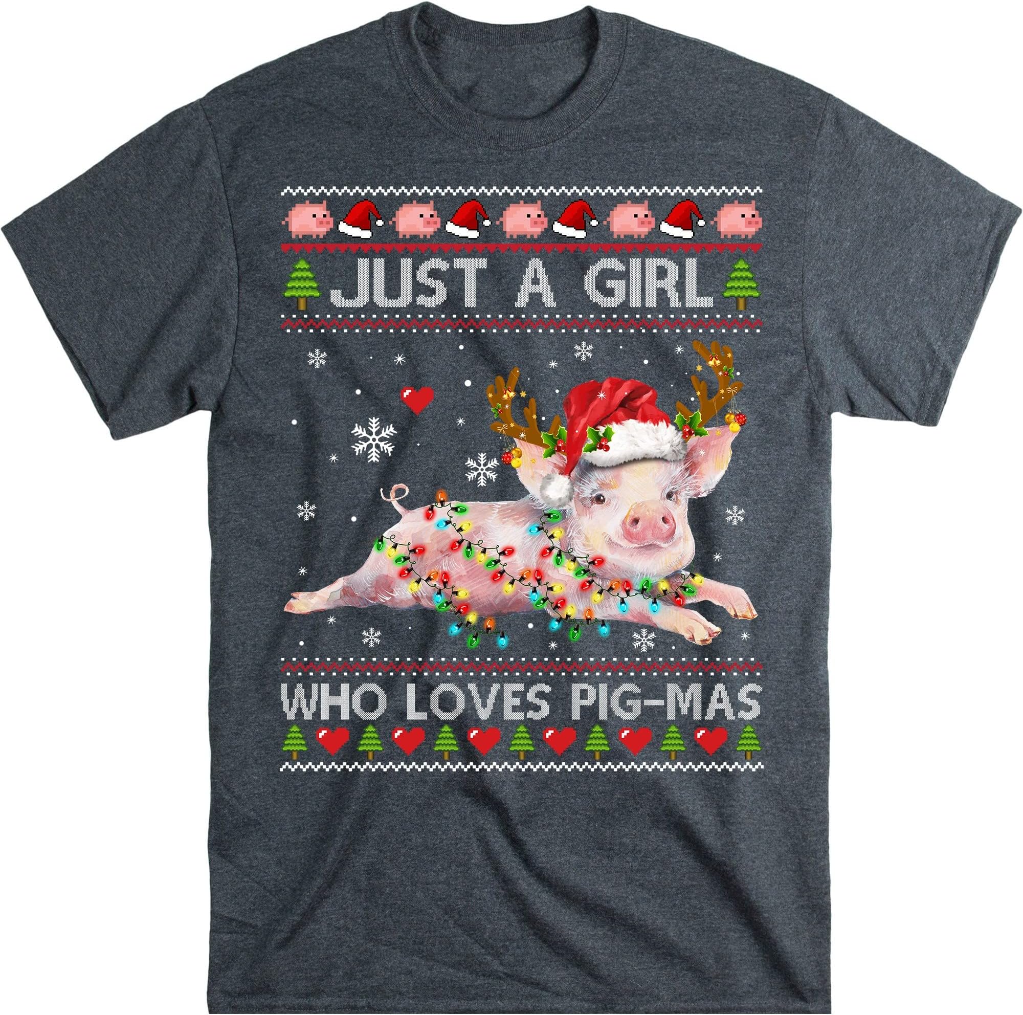 Funny Pigs Christmas Xmas T-Shirt, Pig Lovers Lights Christmas Pajama T-Shirt – Dark Heather/X-Large