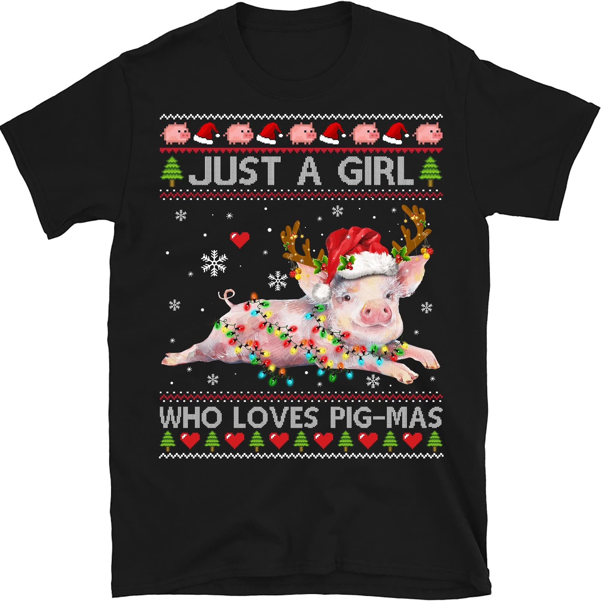 Funny Pigs Christmas Xmas T-Shirt, Pig Lovers Lights Christmas Pajama T-Shirt – Black/XX-Large
