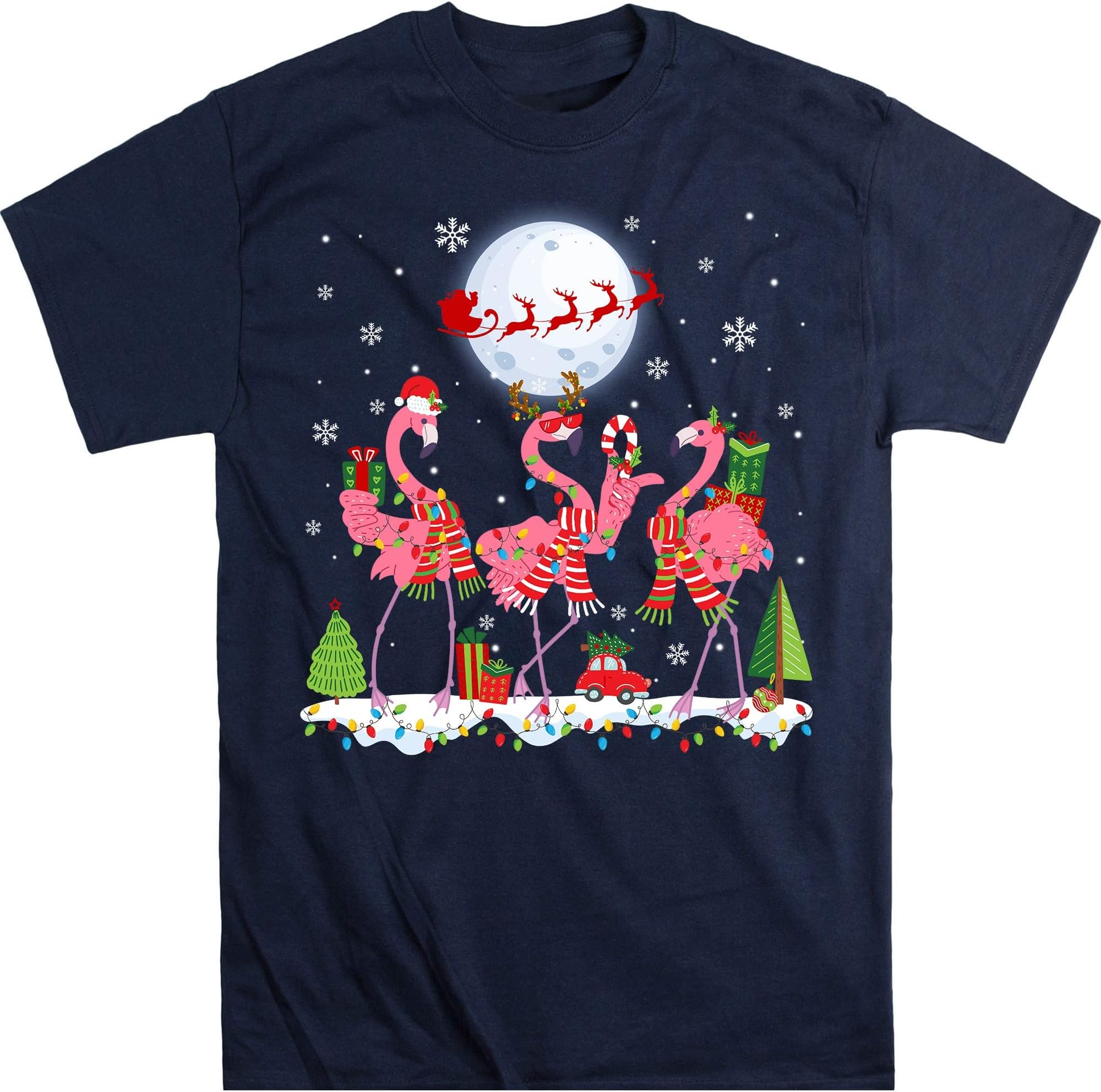 Funny Flamingo Lights Santa Hat Shirt, Sweater Xmas Tree Christmas Shirt, Gift Lights Shirt – Navy/XX-Large
