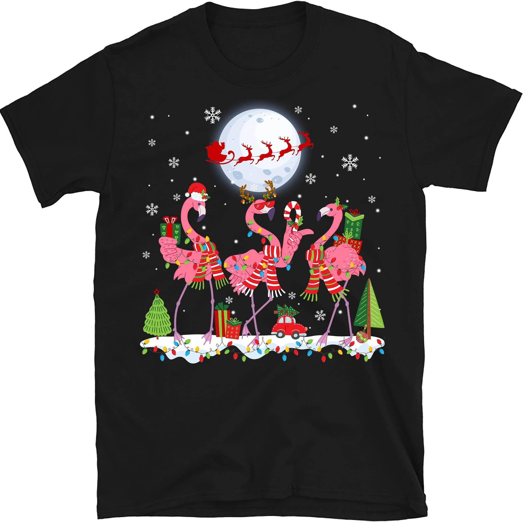 Funny Flamingo Lights Santa Hat Shirt, Sweater Xmas Tree Christmas Shirt, Gift Lights Shirt – Black/4X-Large