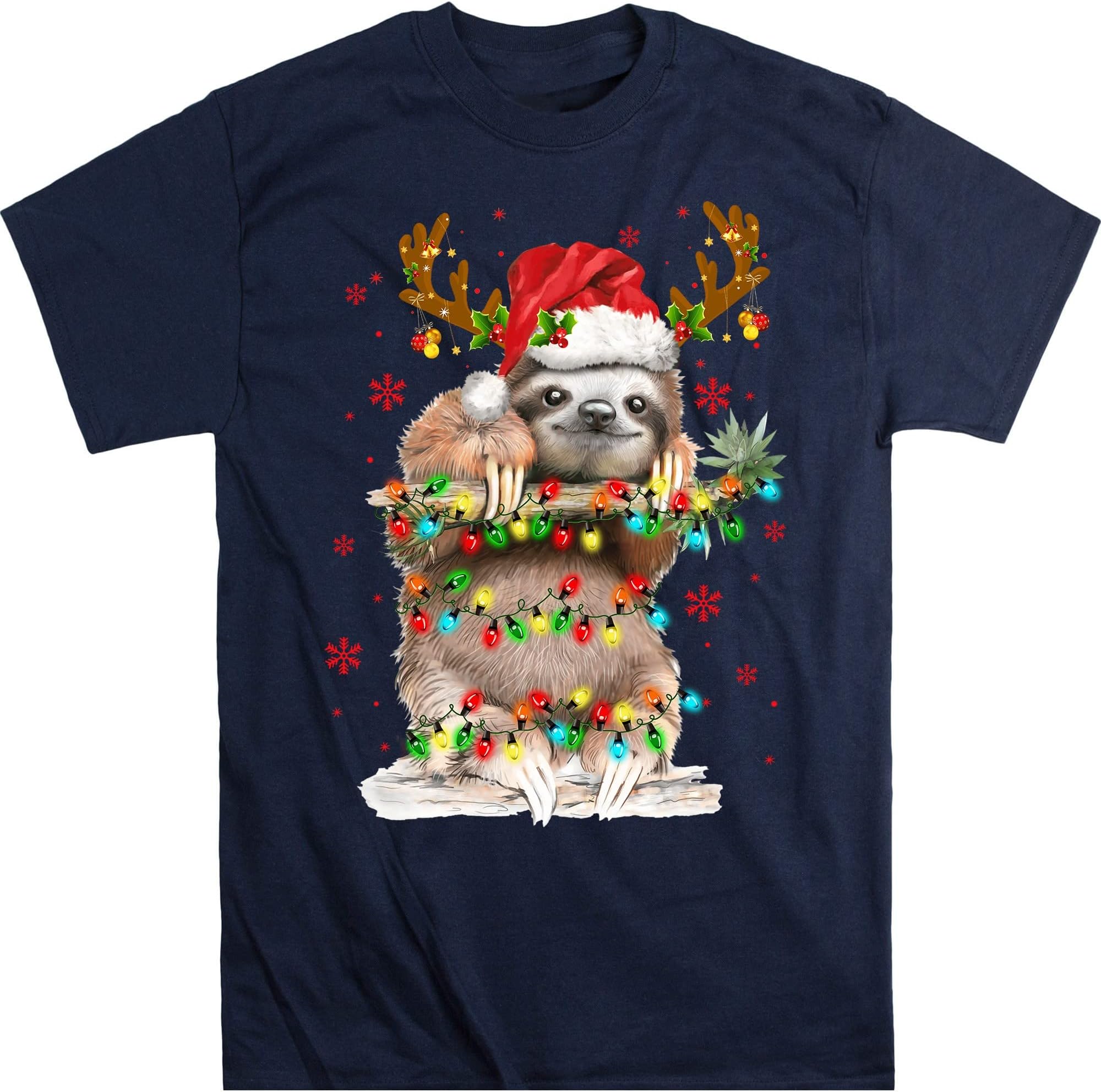 Sloth Christmas Shirt, Sloth Christmas Lights Funny Shirt, Santa Sloth Lights Sloth Lover Gift Sloth T-Shirt – Navy/Small