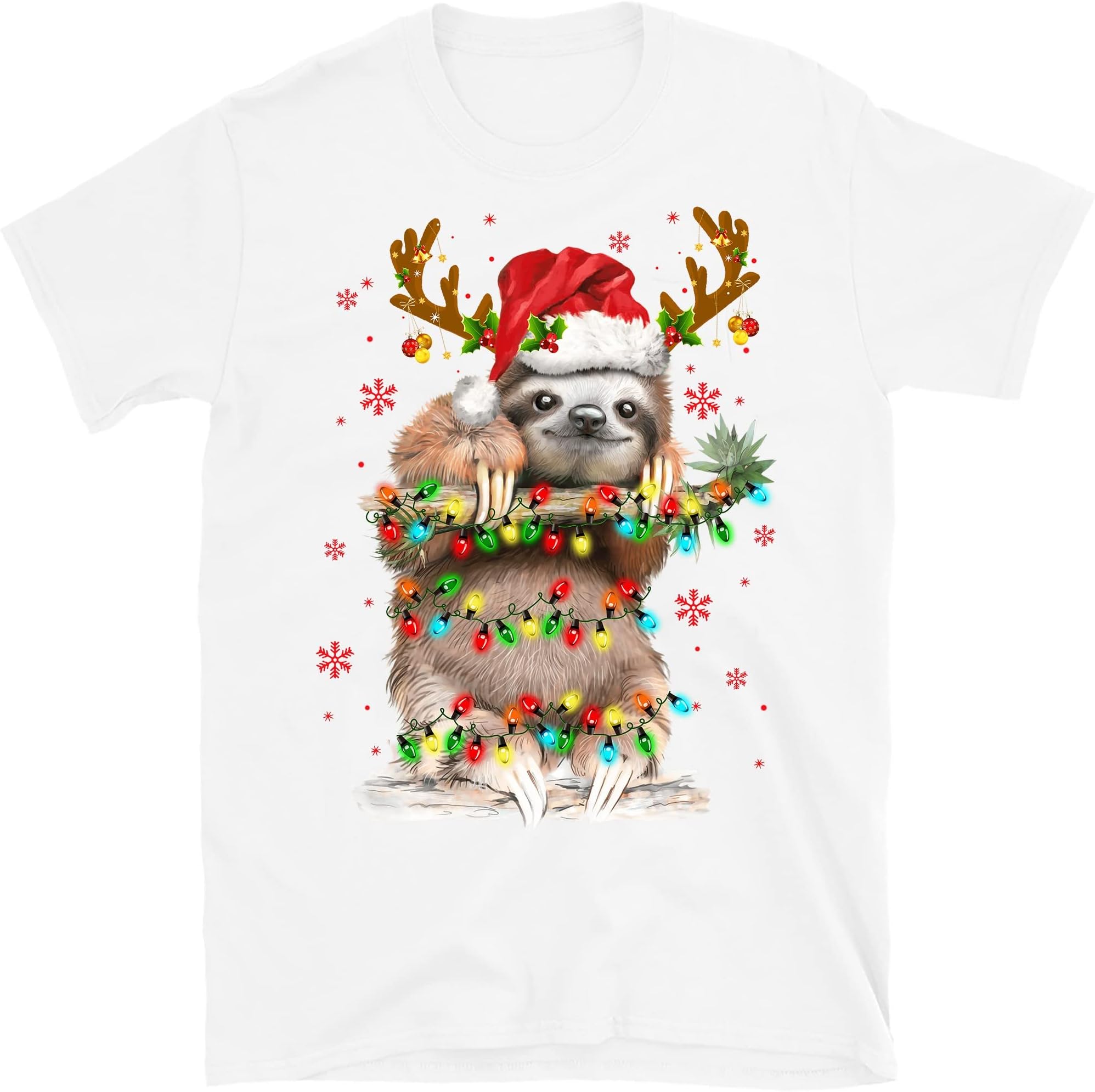 Sloth Christmas Shirt, Sloth Christmas Lights Funny Shirt, Santa Sloth Lights Sloth Lover Gift Sloth T-Shirt – White/3X-Large