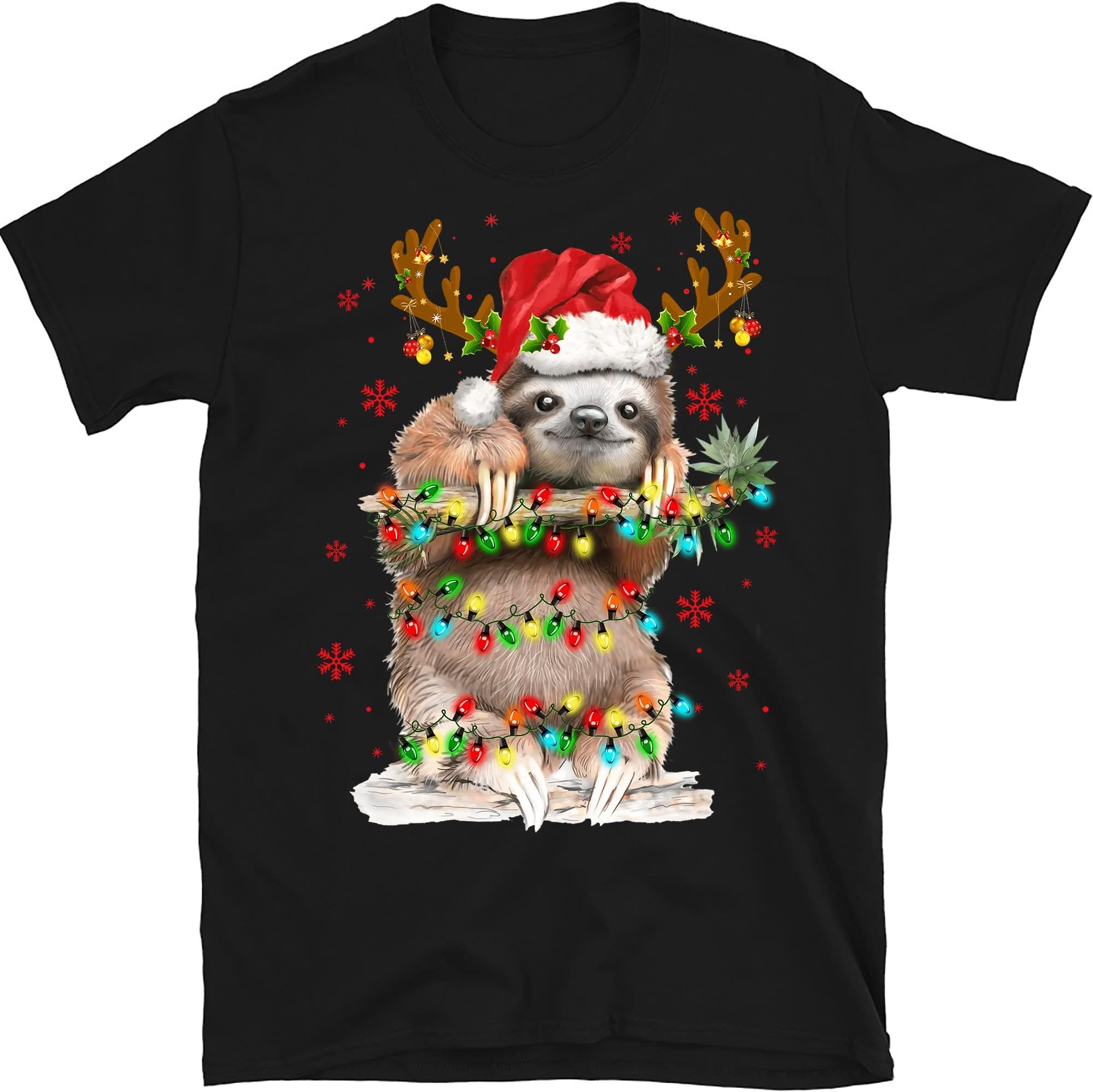 Sloth Christmas Shirt, Sloth Christmas Lights Funny Shirt, Santa Sloth Lights Sloth Lover Gift Sloth T-Shirt – Black/Medium