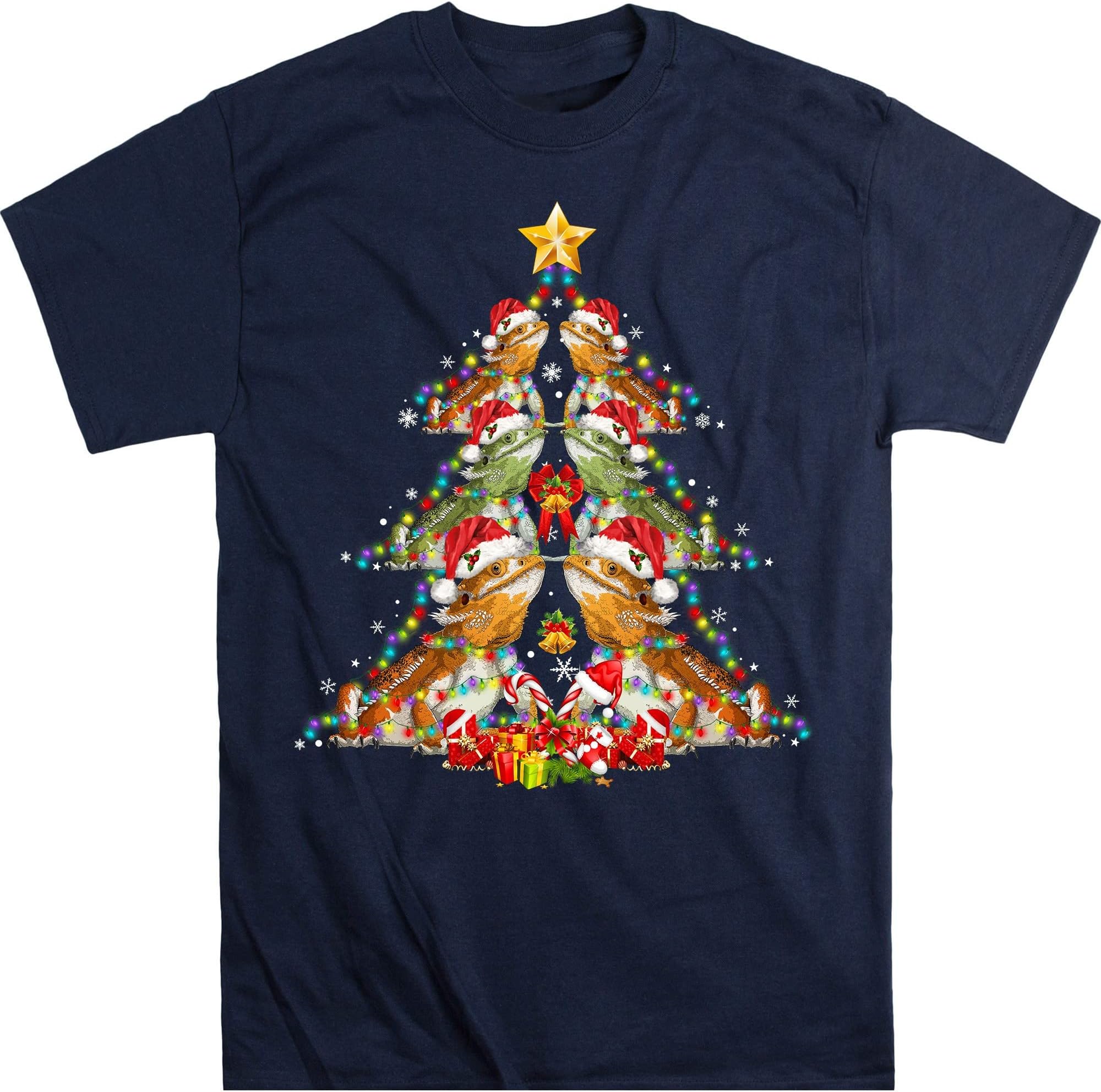 Bearded Dragon Christmas Tree Shirt, Christmas Shirts, Santa Hat with Beard, Dragon Lover – Navy/Large