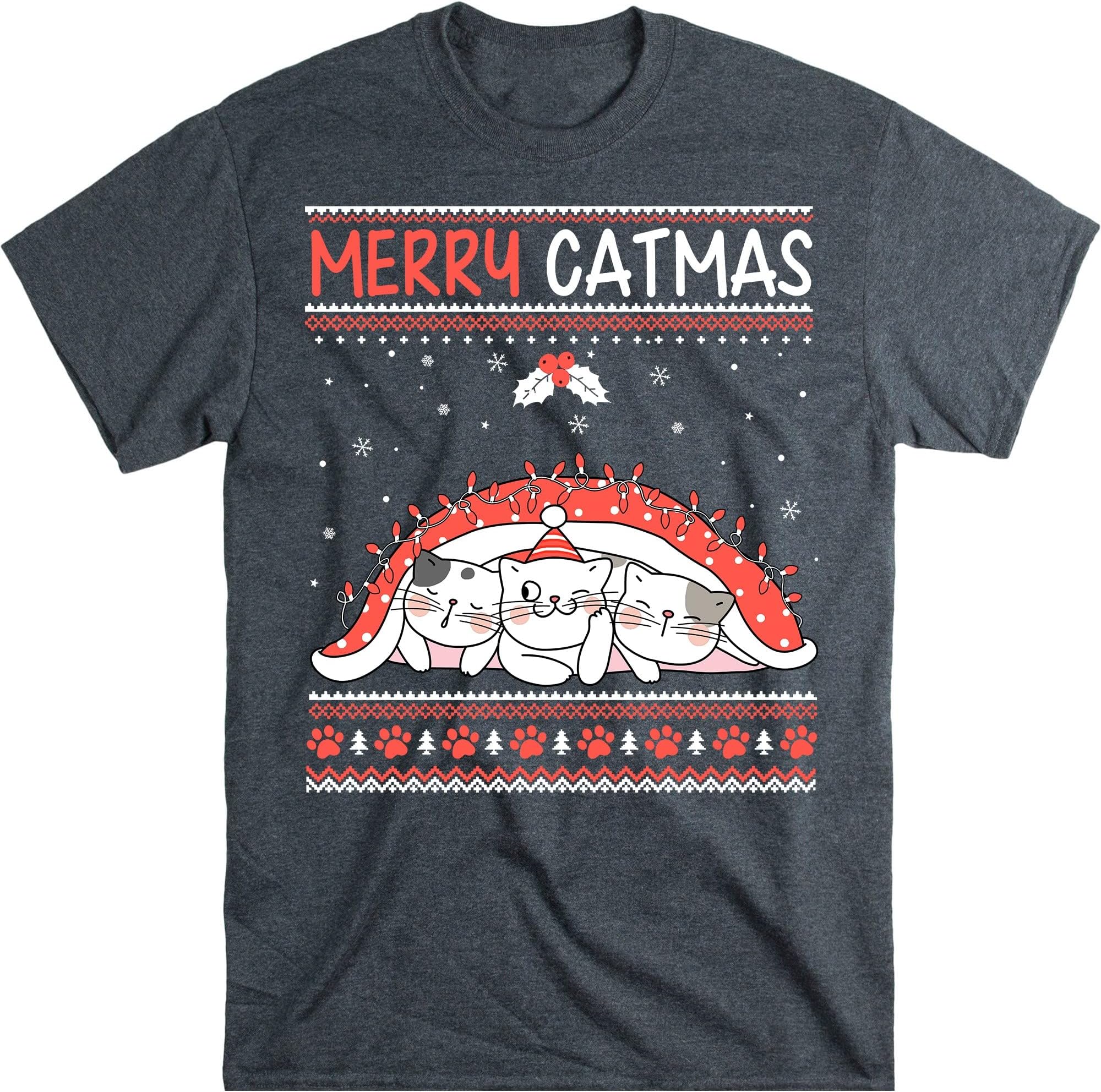 Christmas Cats T Shirt, Merry Catmas, Funny Cat Lover Merry Christmas Shirts, Meowy Catmas – Dark Heather/Large