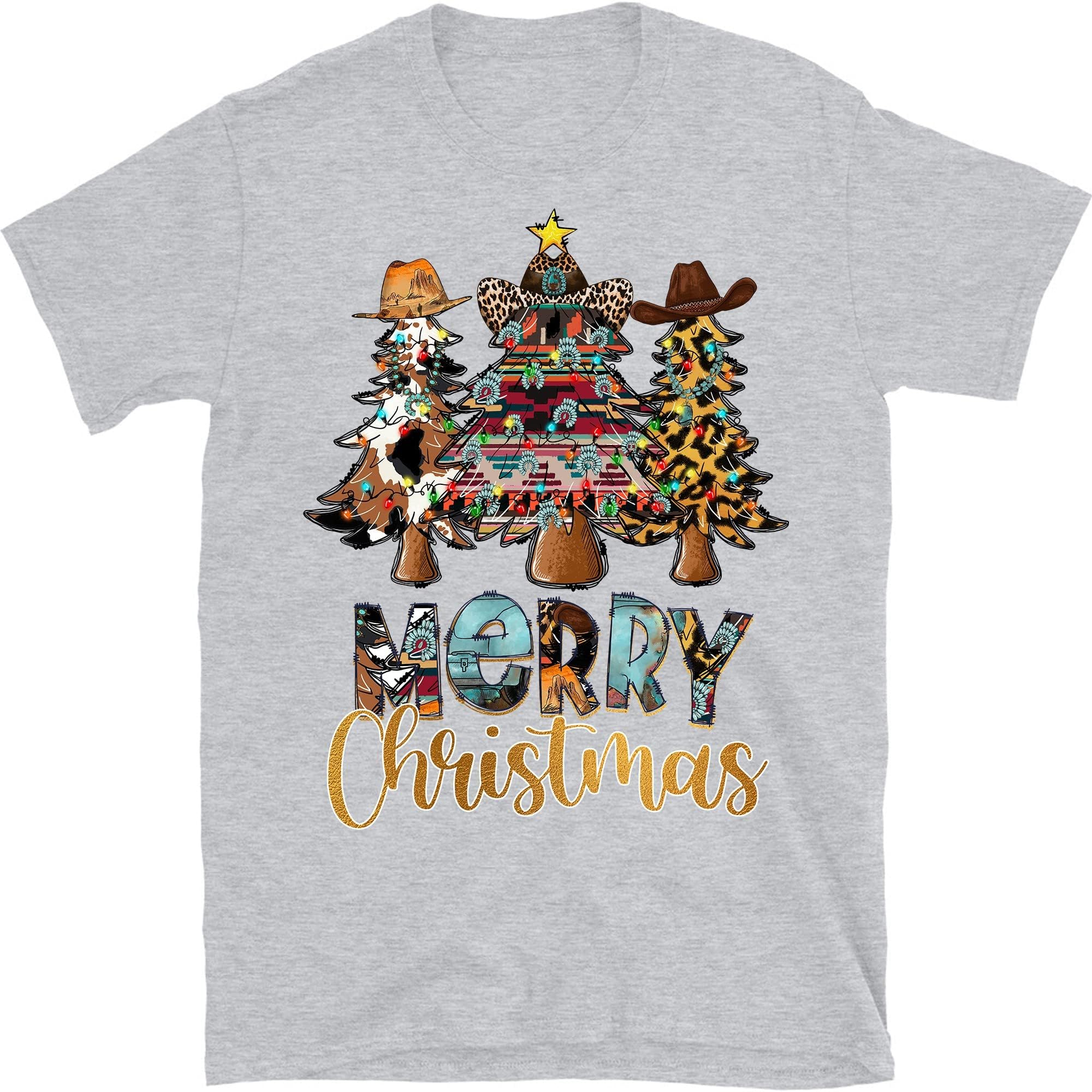 Merry Christmas Cowboy Tree, Merry Christmas Trees T-Shirt, Cow Hide Shirt, Christmas Tree, Western Christmas Tee – Sport Grey/Small