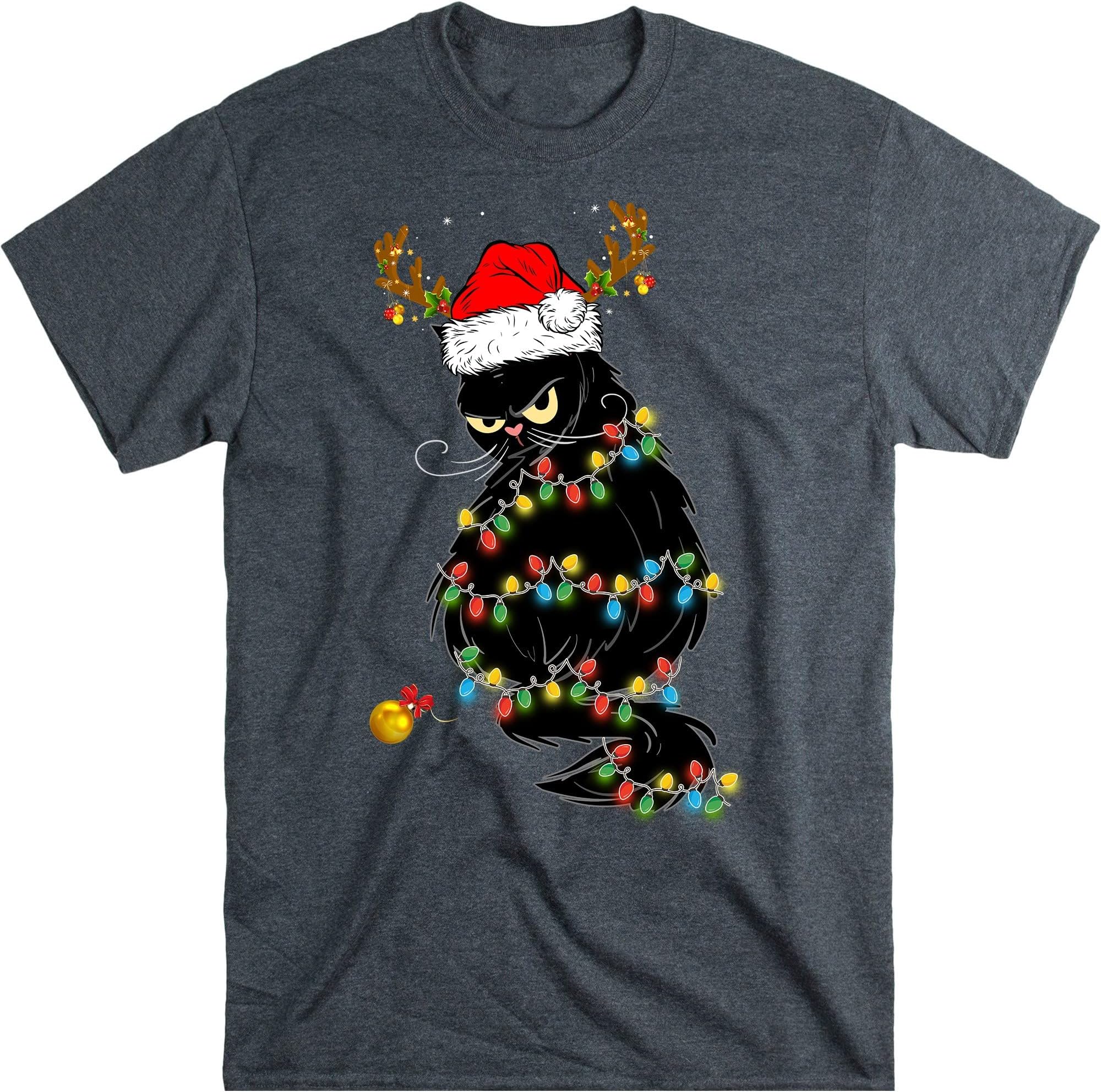 Black Cat Christmas Lights T- Shirt Funny Cat Lover Christmas Cat Gift – Dark Heather/3X-Large