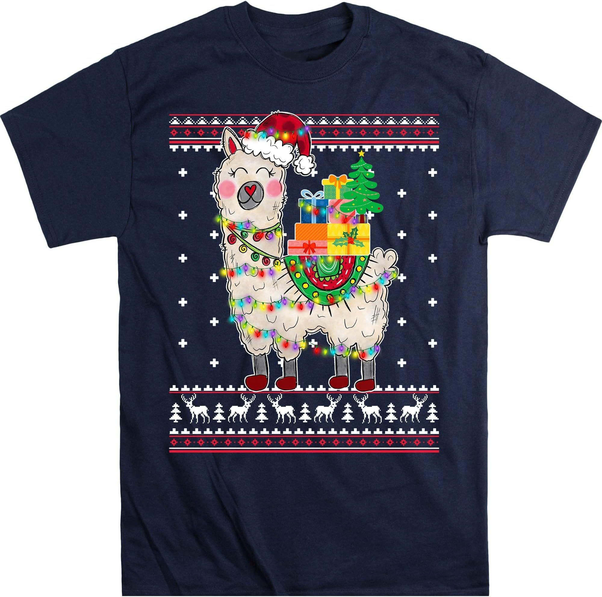 Llamas Christmas Xmas T-Shirt, Funny Llama Lovers Christmas Lights Pajama T-Shirt – Navy/X-Large