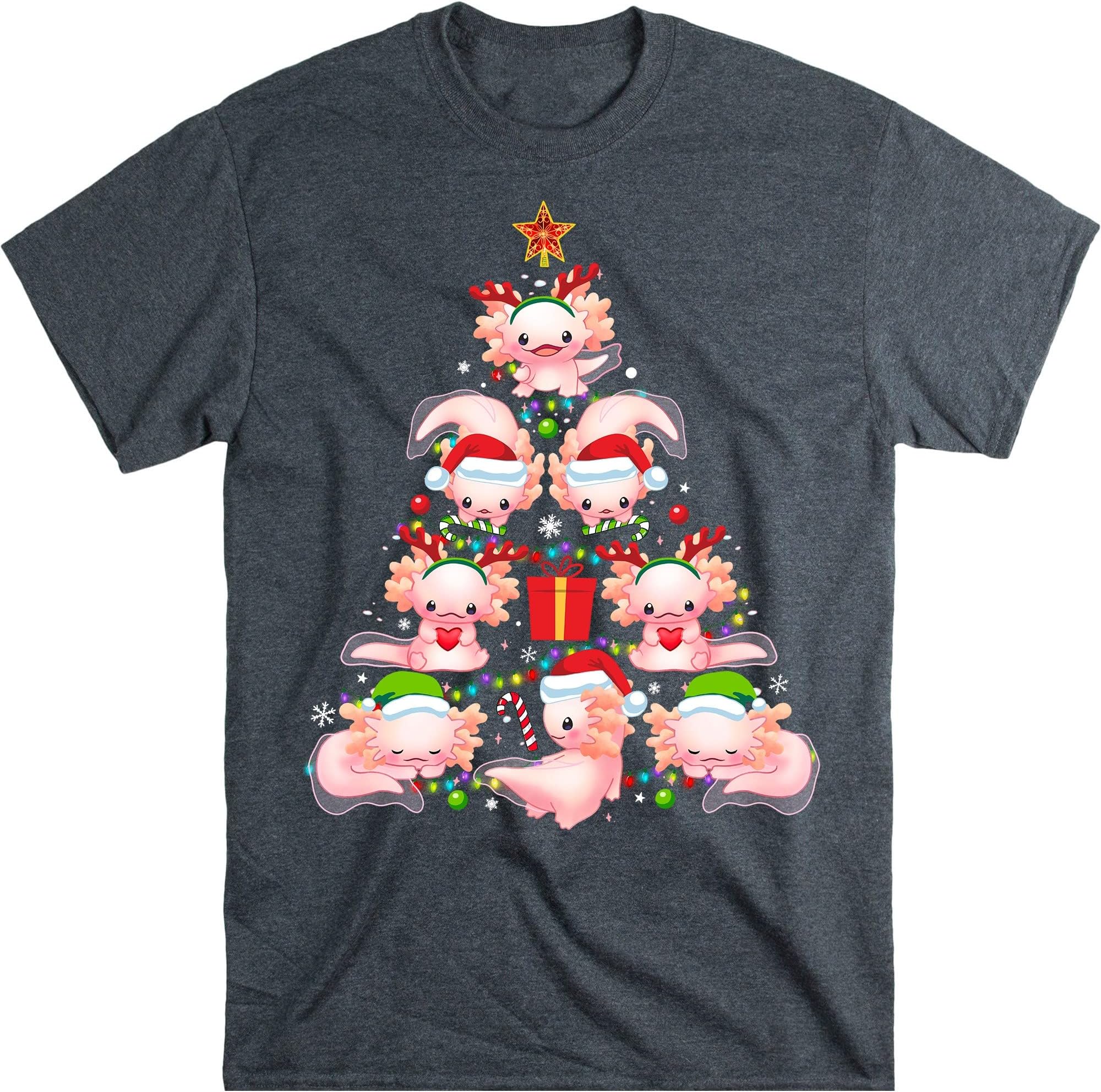 Axolotl Christmas Tree Lights Funny Family Pajamas Xmas T-Shirt – Dark Heather/X-Large
