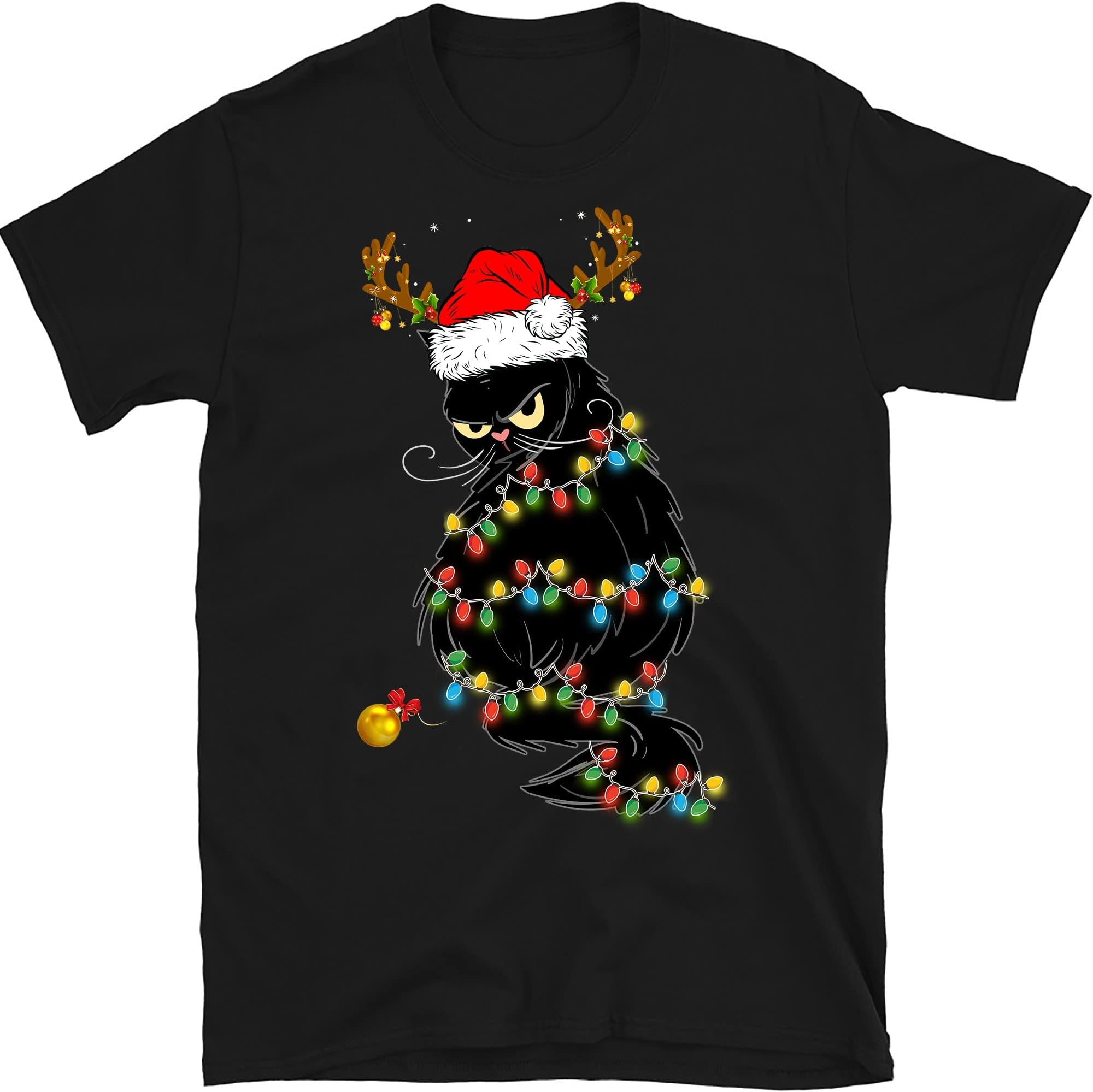 Black Cat Christmas Lights T- Shirt Funny Cat Lover Christmas Cat Gift – Black/3X-Large