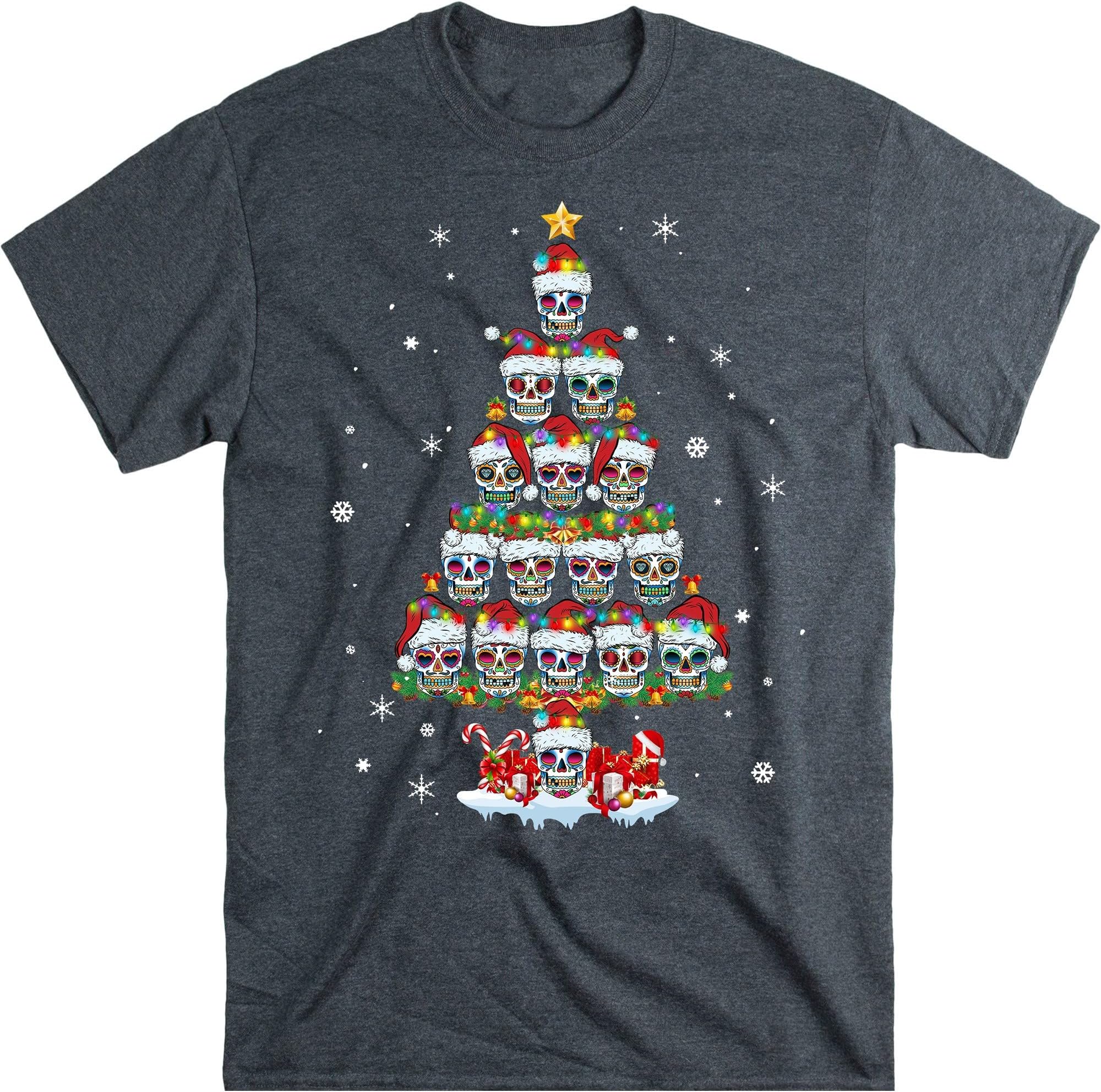 Sugar Skull Christmas Tree Lights Funny Pajamas Family Xmas T-Shirt – Dark Heather/X-Large