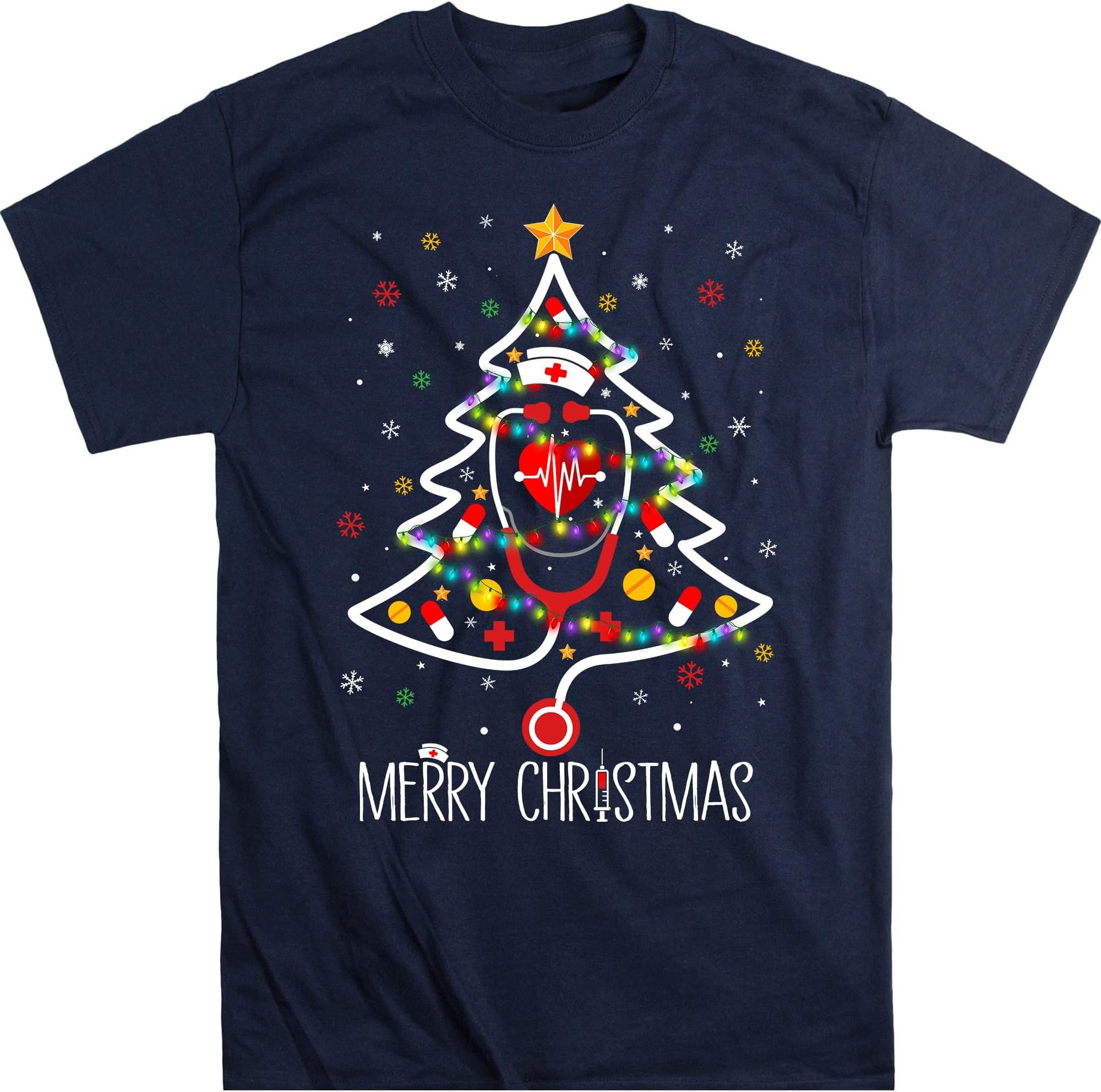 Nurse Christmas Tree Shirt, Stethoscope Tree Shirt, Nursing Shirt, for Nurse – Navy/Medium