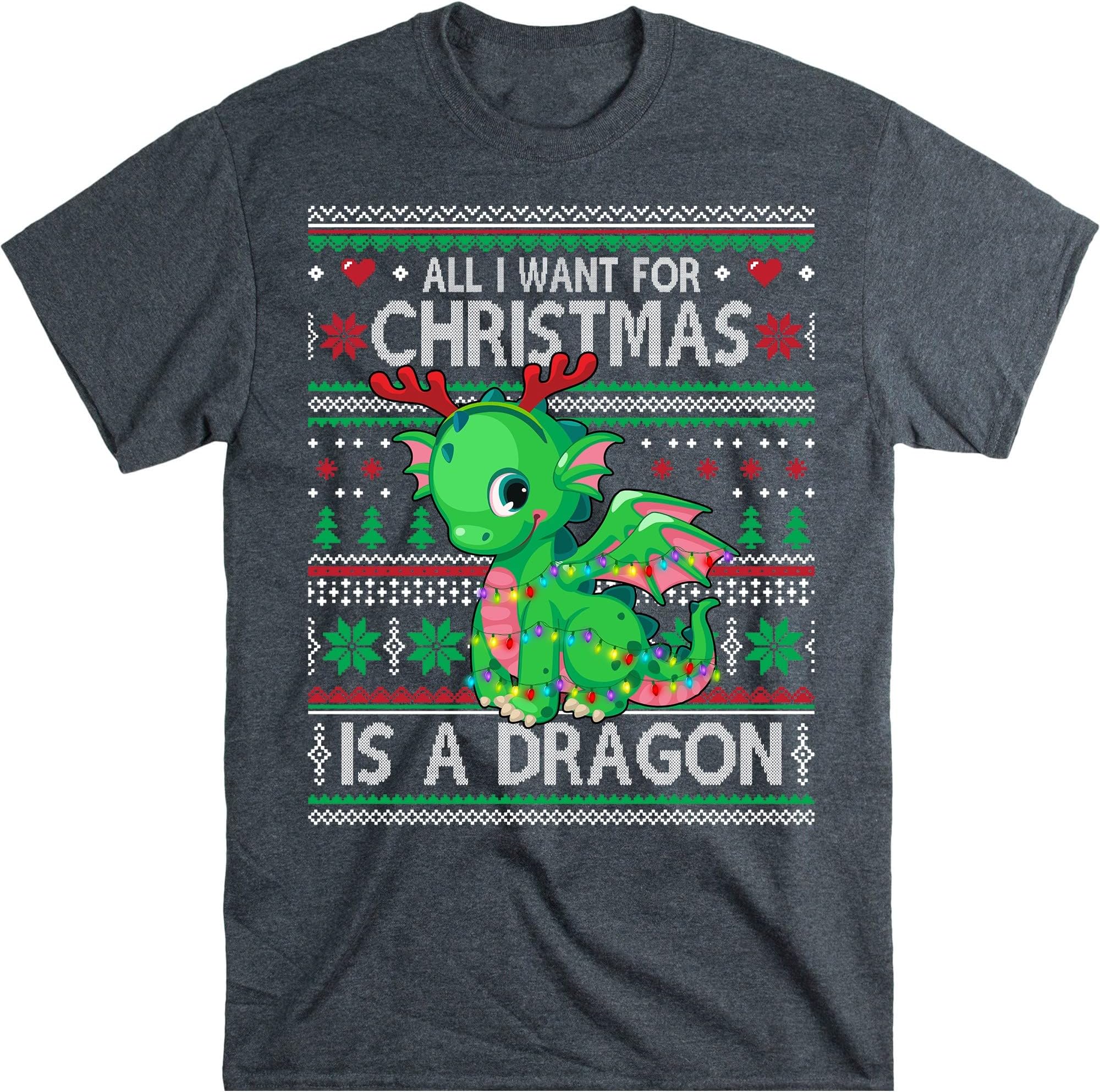 All I Want for Christmas is a Dragon Shirt, Ugly Xmas Sweater Shirt, Dragon Lover Xmas Shirt – Dark Heather/3X-Large