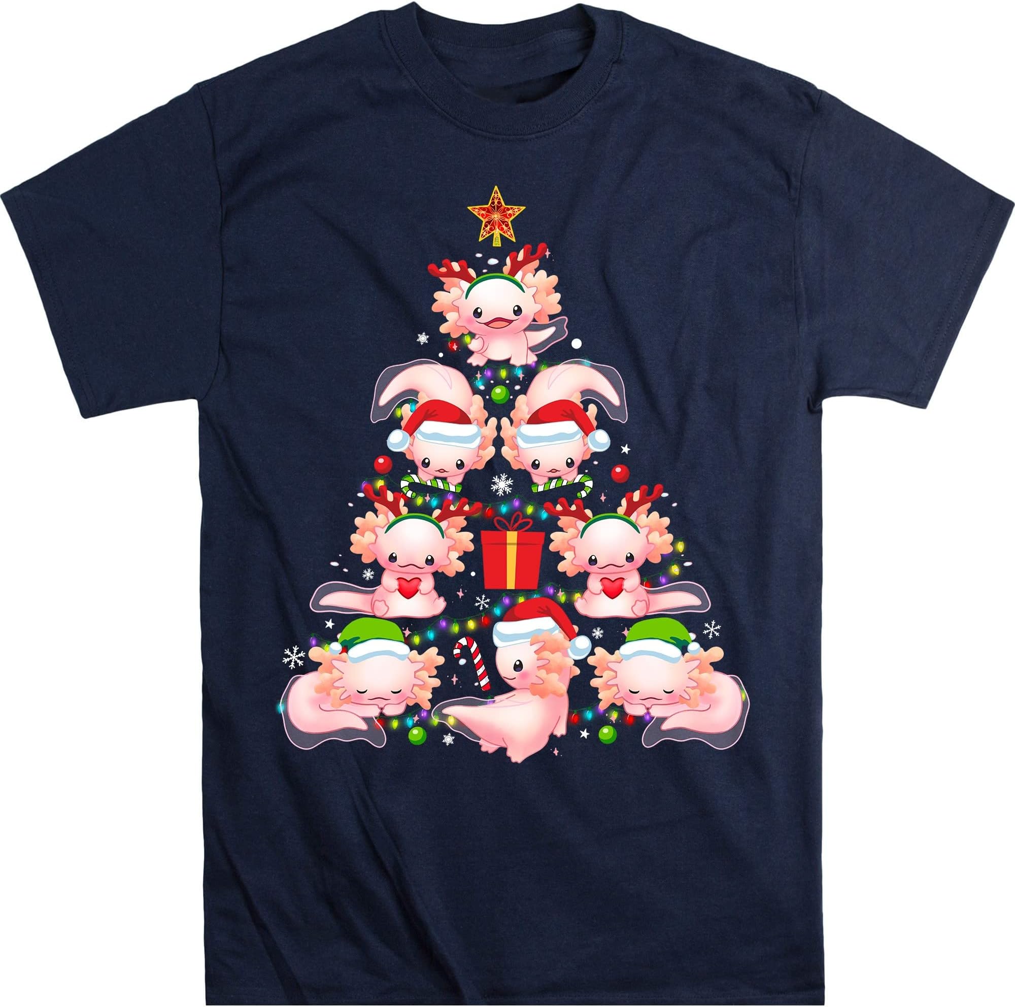 Axolotl Christmas Tree Lights Funny Family Pajamas Xmas T-Shirt – Navy/3X-Large