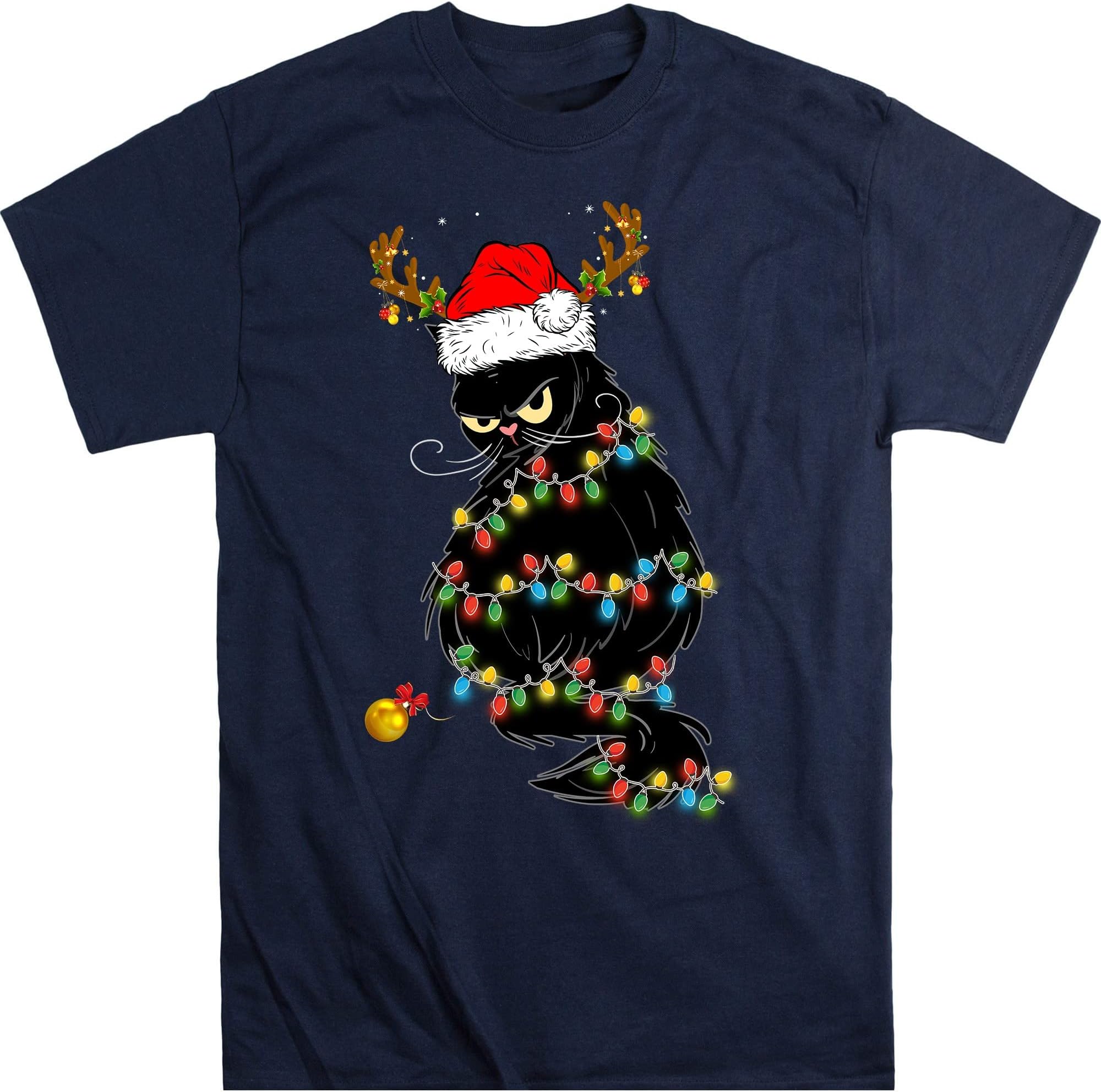 Black Cat Christmas Lights T- Shirt Funny Cat Lover Christmas Cat Gift – Navy/XX-Large