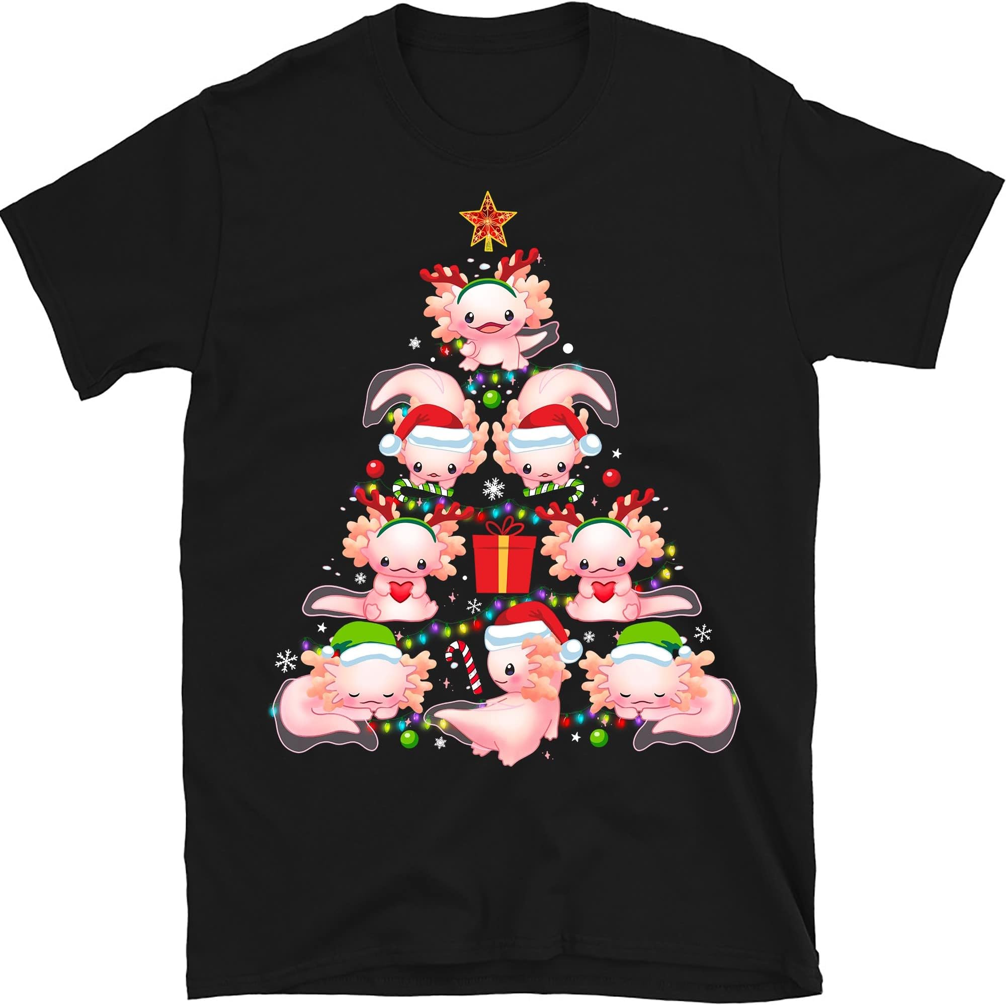 Axolotl Christmas Tree Lights Funny Family Pajamas Xmas T-Shirt – Black/4X-Large