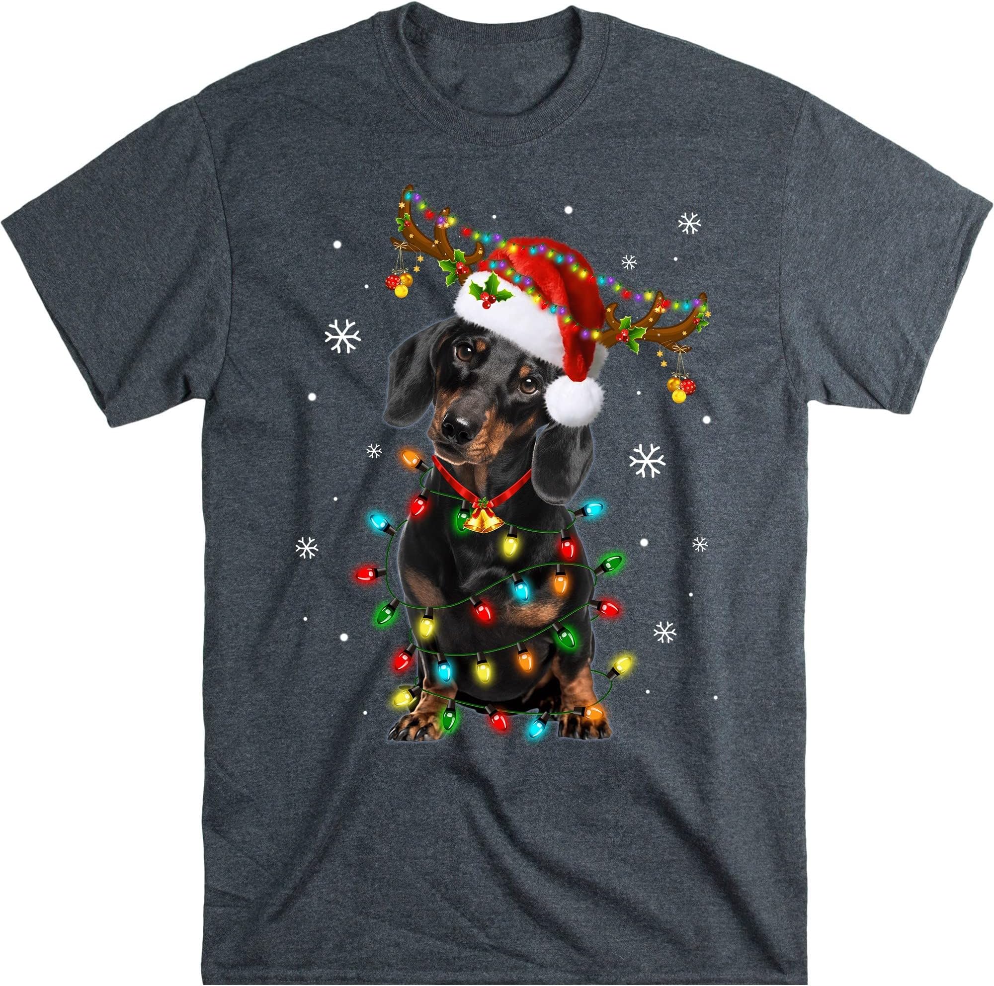 Dachshund Christmas Lights Shirt, Dog Lover, Dachshund Mom Gift, Funny Dog T Shirt – Dark Heather/X-Large