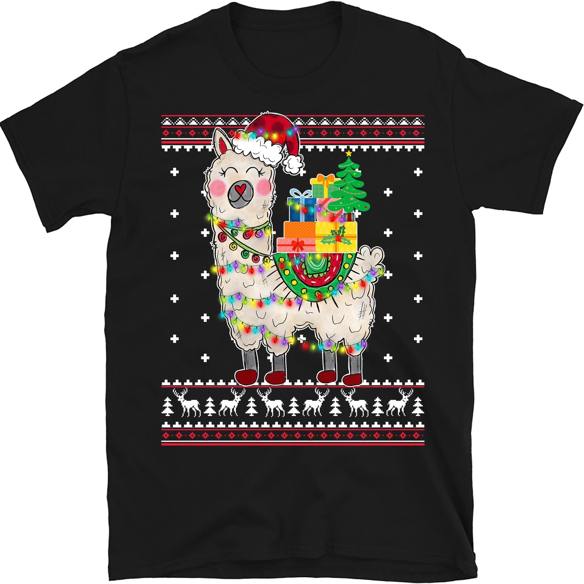 Llamas Christmas Xmas T-Shirt, Funny Llama Lovers Christmas Lights Pajama T-Shirt – Black/Large