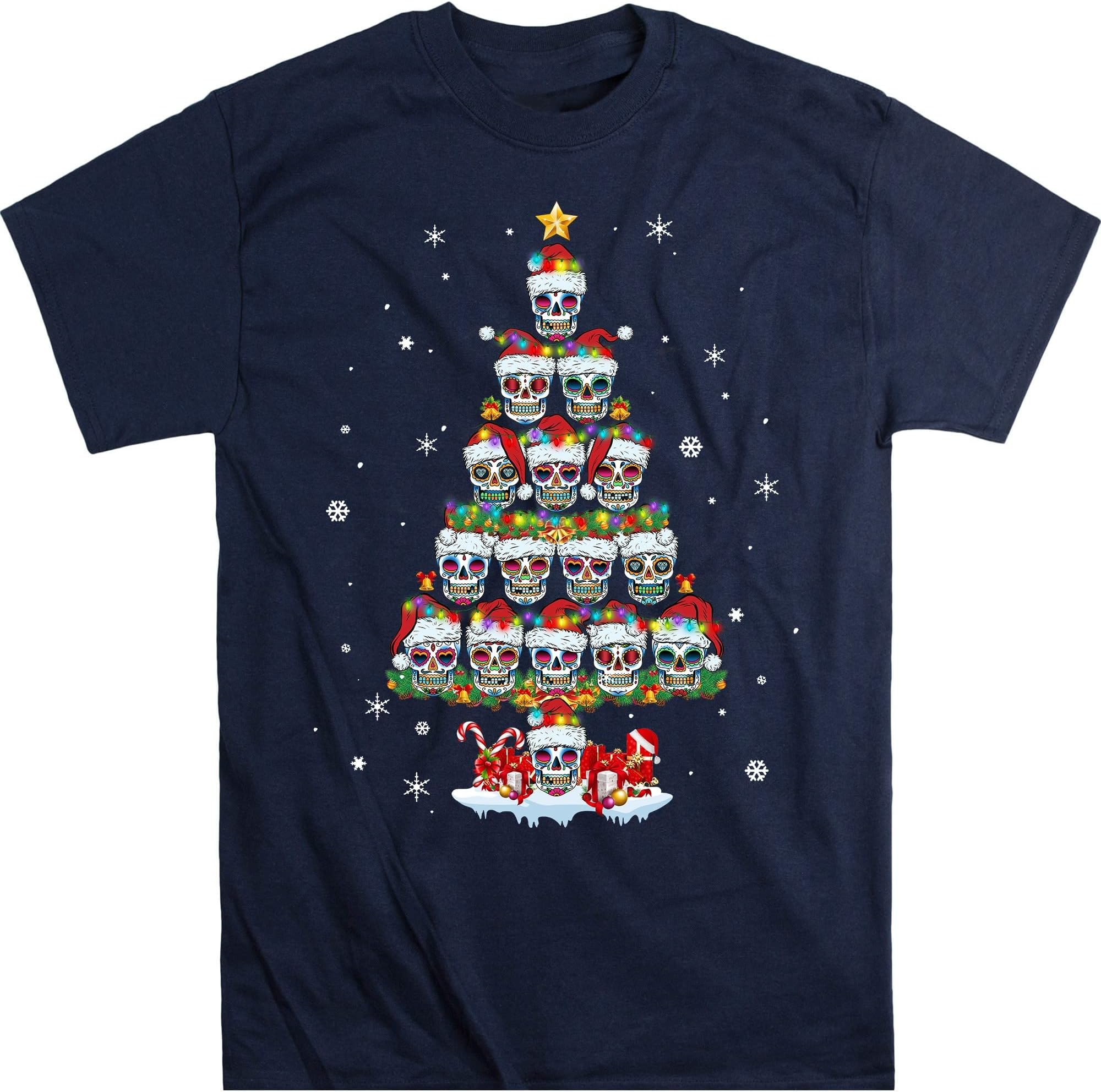 Sugar Skull Christmas Tree Lights Funny Pajamas Family Xmas T-Shirt – Navy/XX-Large