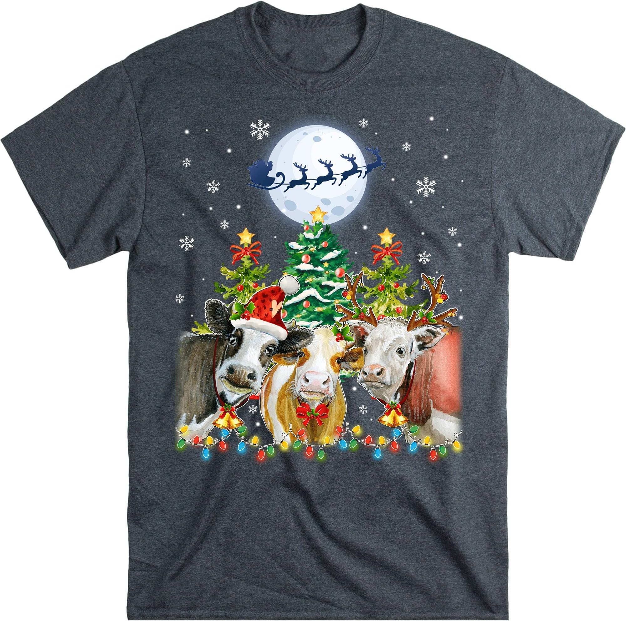 Cow Christmas Lights, Funny Heifers Christmas Shirt Cow Holiday Cow Lover Xmas Gift Farm Christmas T- Shirt – Dark Heather/X-Large