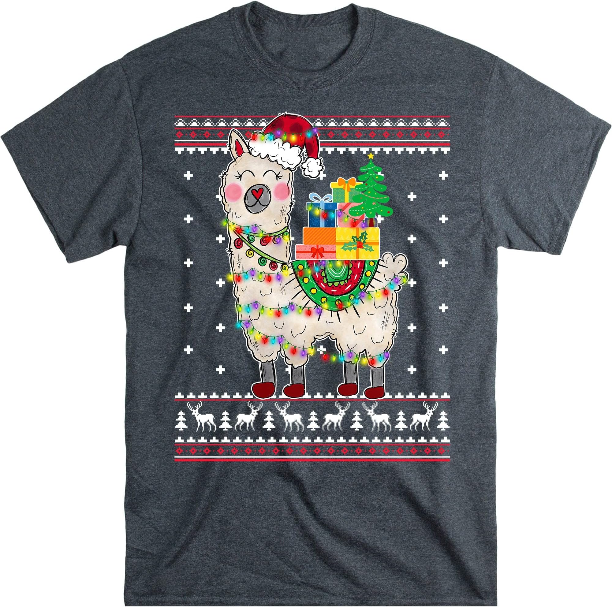 Llamas Christmas Xmas T-Shirt, Funny Llama Lovers Christmas Lights Pajama T-Shirt – Dark Heather/X-Large