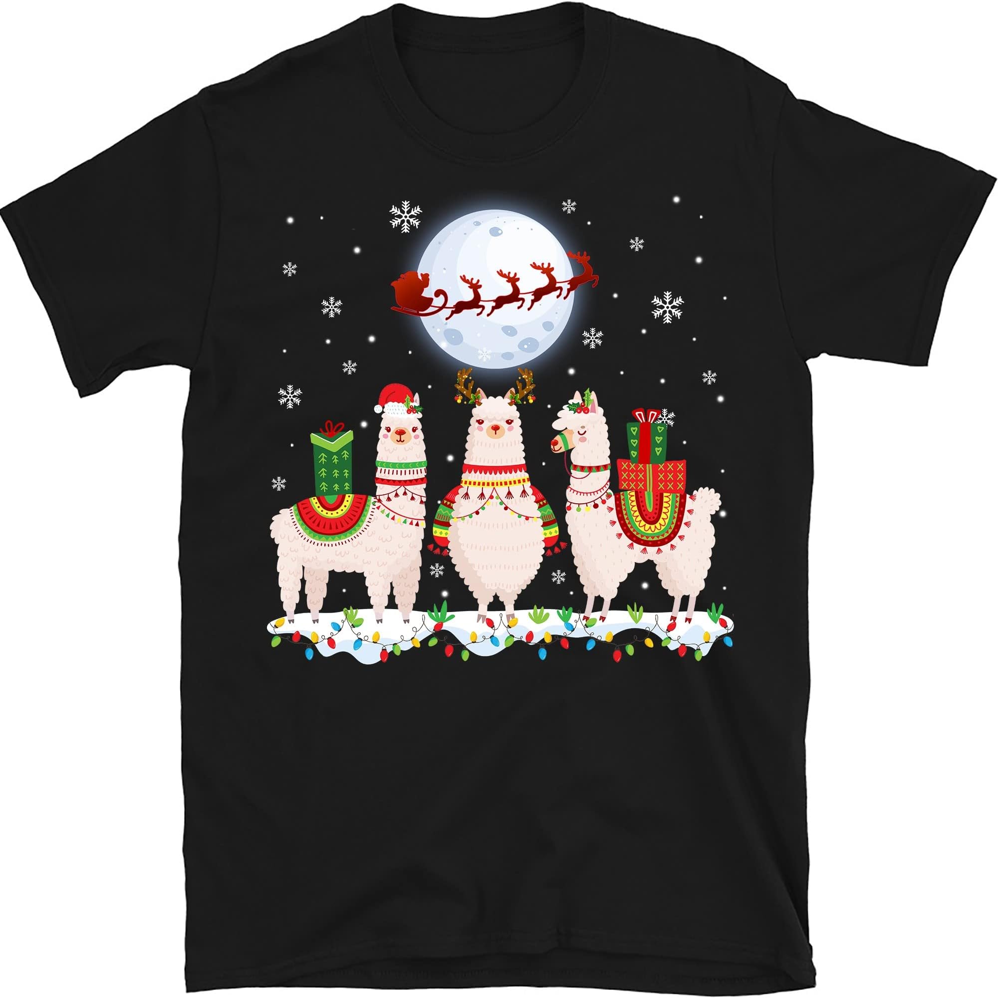 Funny Llamas Christmas Xmas T-Shirt, Funny Llama Lovers Christmas Lights Pajama T-Shirt – Black/XX-Large