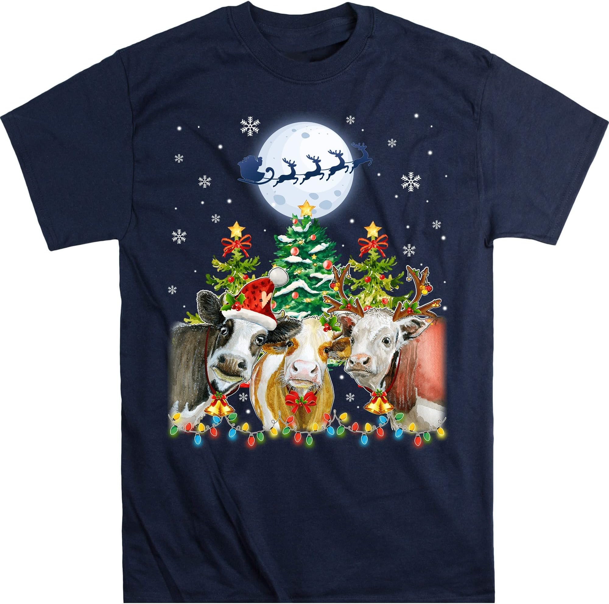 Cow Christmas Lights, Funny Heifers Christmas Shirt Cow Holiday Cow Lover Xmas Gift Farm Christmas T- Shirt – Navy/4X-Large