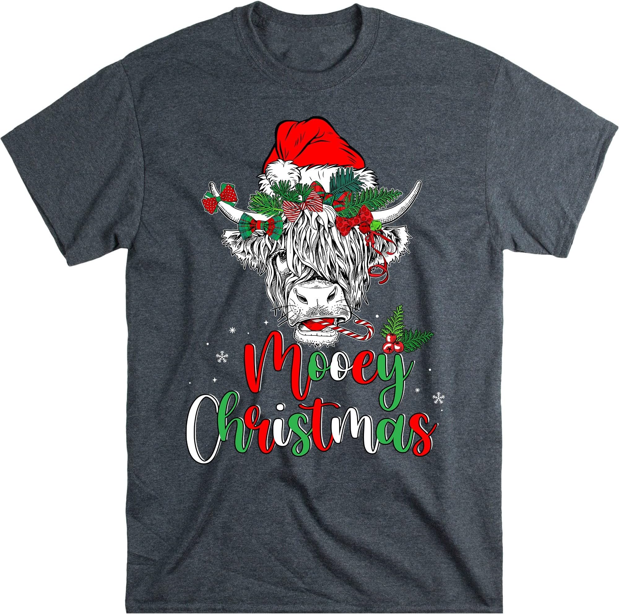 Mooey Christmas Santa Heifer Xmas Lights Shirt, Cow Lovers Shirt, Cow Santa Shirt, Highland Cattle, Farm Animal Lover Shirt – Dark Heather/Large