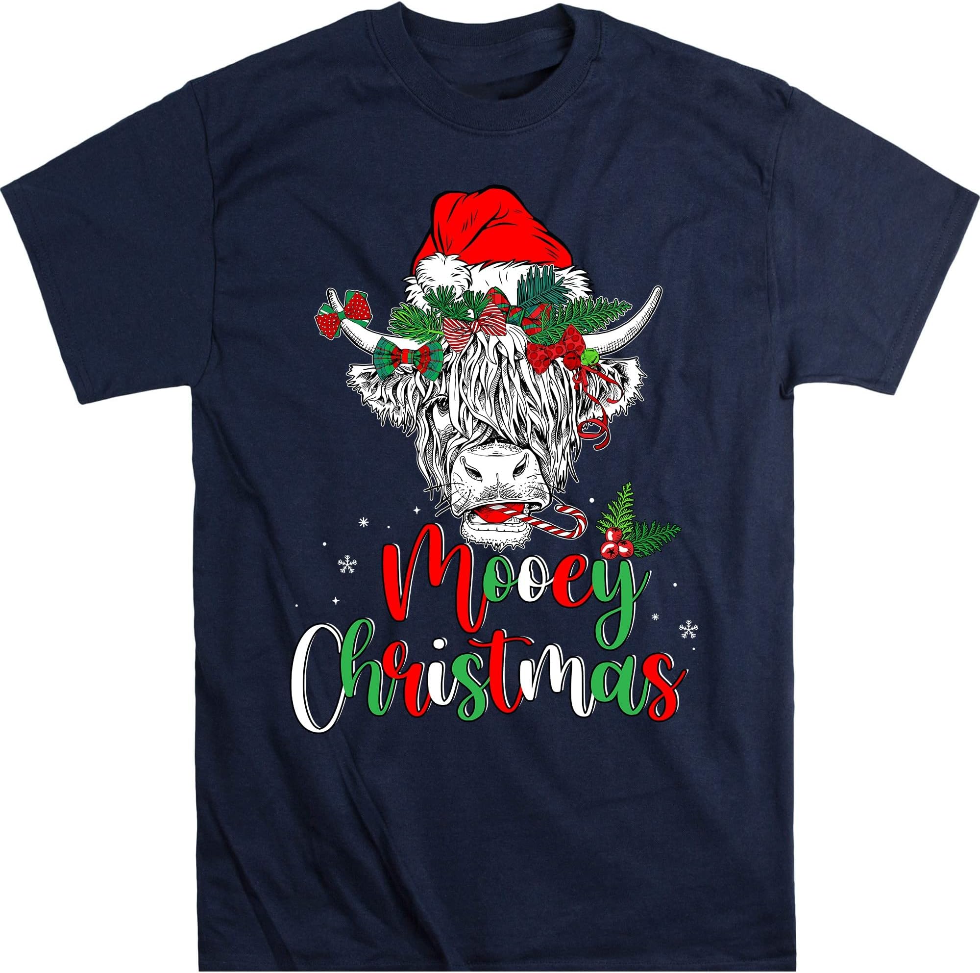 Mooey Christmas Santa Heifer Xmas Lights Shirt, Cow Lovers Shirt, Cow Santa Shirt, Highland Cattle, Farm Animal Lover Shirt – Navy/Small