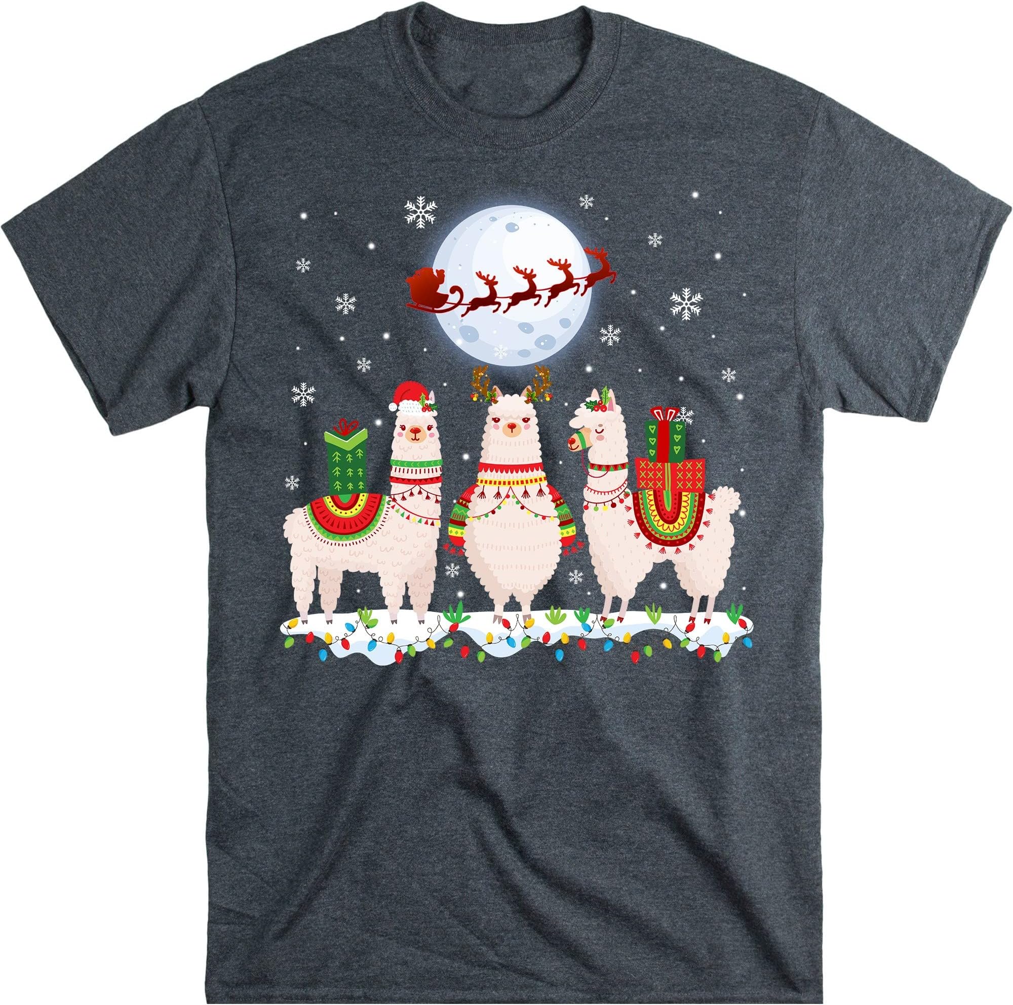 Funny Llamas Christmas Xmas T-Shirt, Funny Llama Lovers Christmas Lights Pajama T-Shirt – Dark Heather/Large