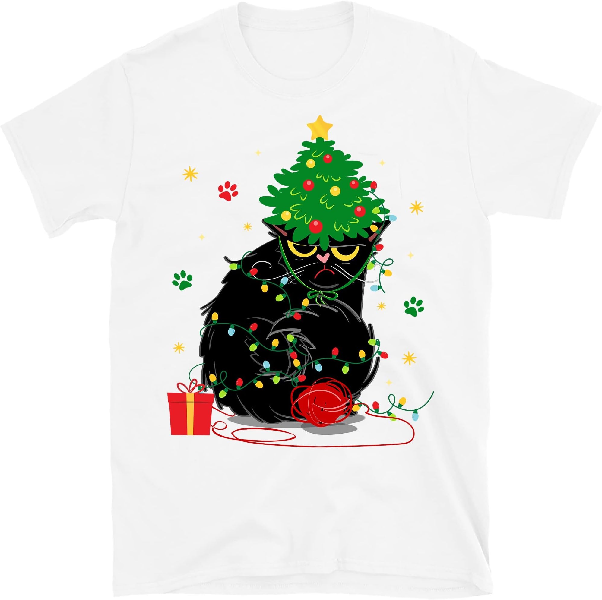 Black Cat Christmas Light T- Shirt Funny Cat Lover Christmas – White/4X-Large