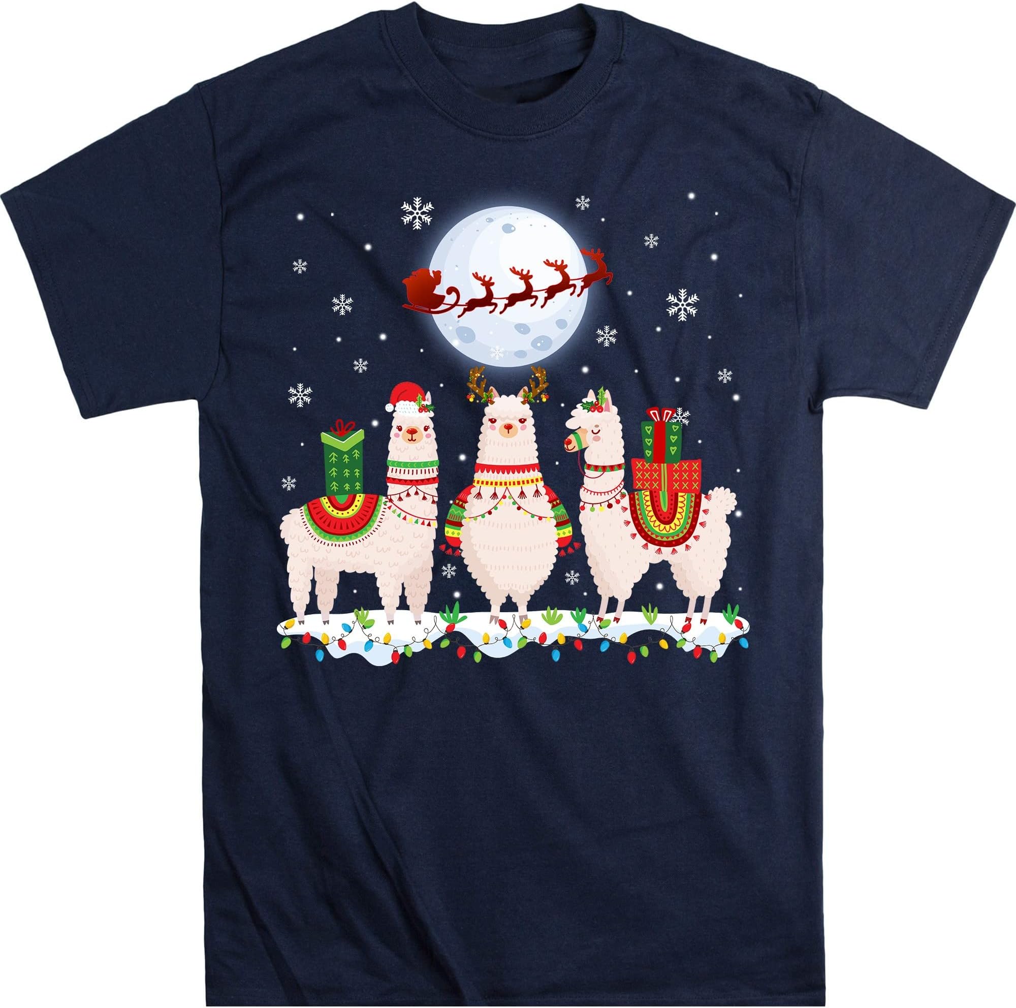 Funny Llamas Christmas Xmas T-Shirt, Funny Llama Lovers Christmas Lights Pajama T-Shirt – Navy/3X-Large