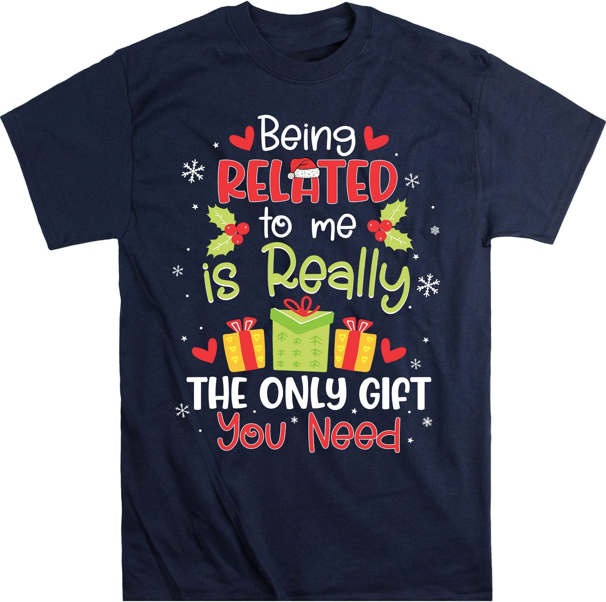 Being Related to Me Funny Christmas Family Xmas Pajamas Gift T-Shirt – Navy/Large
