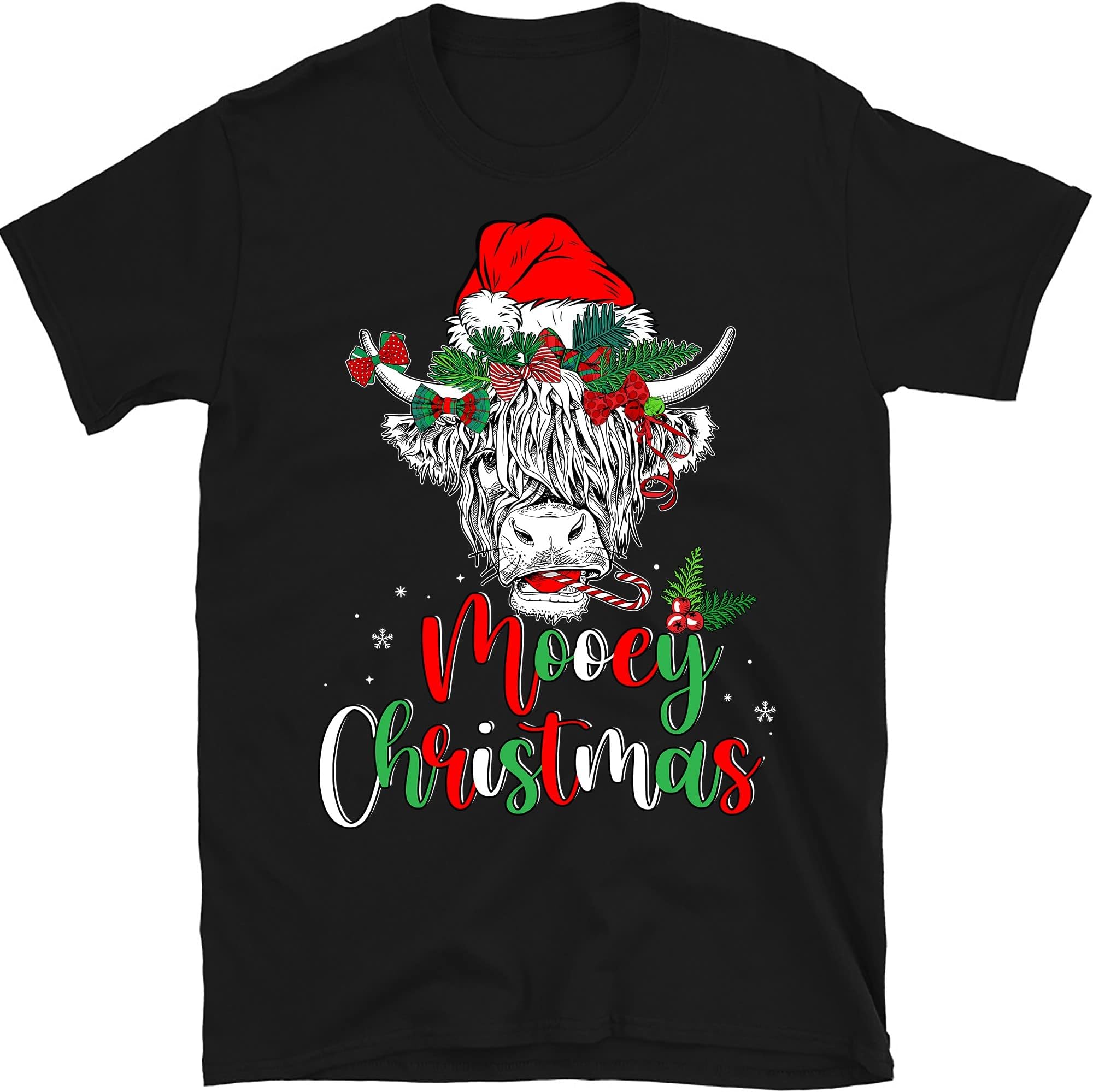 Mooey Christmas Santa Heifer Xmas Lights Shirt, Cow Lovers Shirt, Cow Santa Shirt, Highland Cattle, Farm Animal Lover Shirt – Black/XX-Large