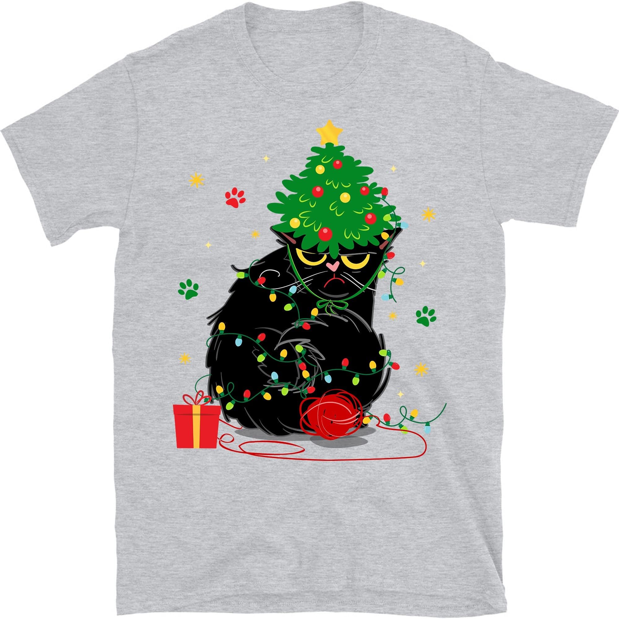 Black Cat Christmas Light T- Shirt Funny Cat Lover Christmas – Sport Grey/XX-Large