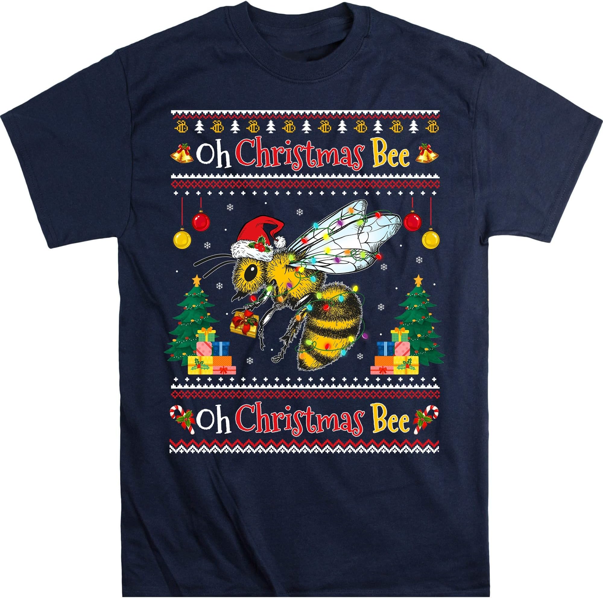 Bee Santa Oh Christmas Shirt, Bee Light Funny Gift, Bee Happy Shirt, Funny Christmas Shirt, Gift for Beekeeper – Navy/Small