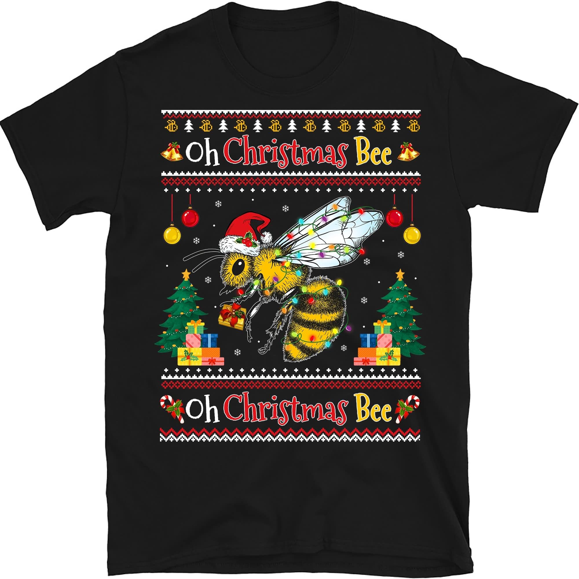 Bee Santa Oh Christmas Shirt, Bee Light Funny Gift, Bee Happy Shirt, Funny Christmas Shirt, Gift for Beekeeper – Black/4X-Large