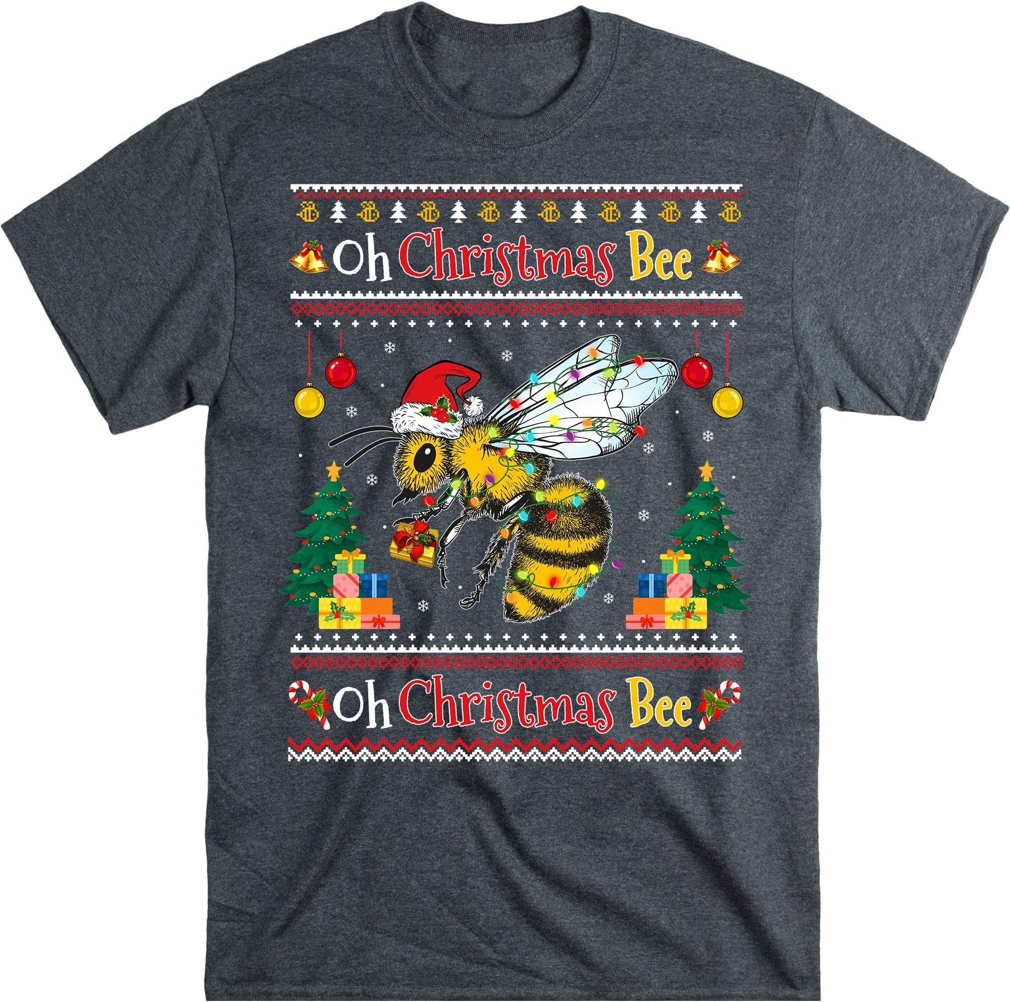 Bee Santa Oh Christmas Shirt, Bee Light Funny Gift, Bee Happy Shirt, Funny Christmas Shirt, Gift for Beekeeper – Dark Heather/Large