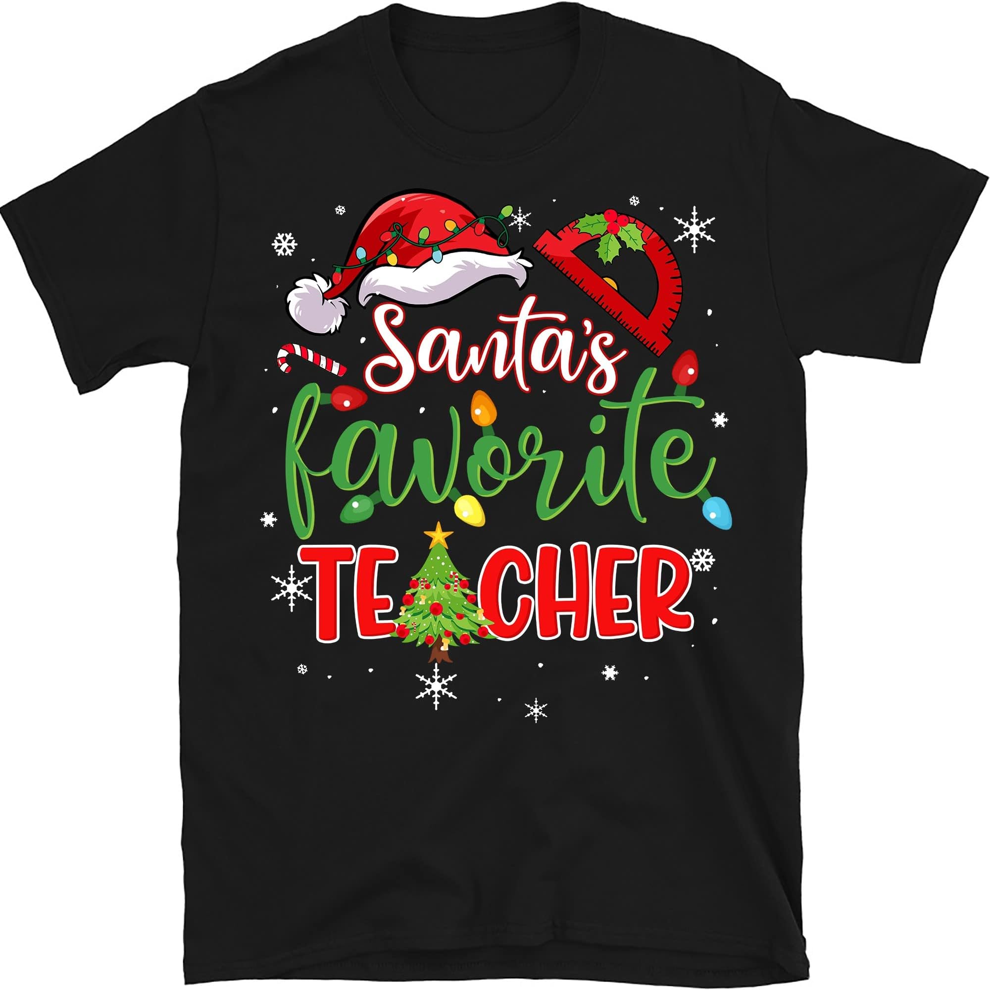 Santas Favorite Teacher Pajamas – Funny Xmas Teacher Costume T-Shirt – Black/XX-Large