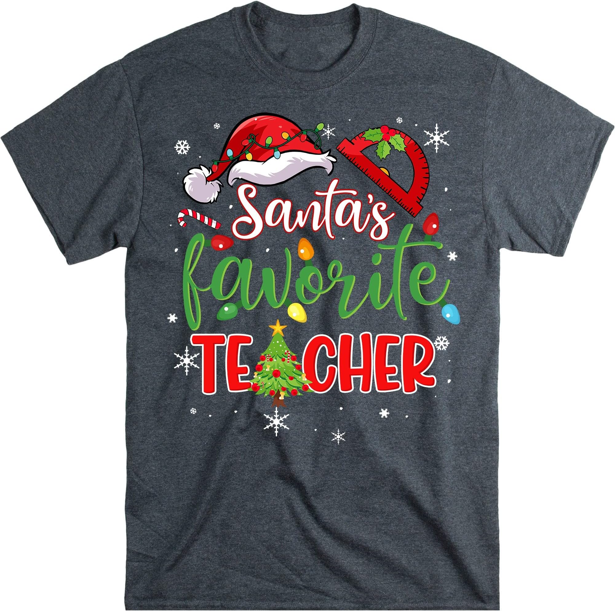 Santas Favorite Teacher Pajamas – Funny Xmas Teacher Costume T-Shirt – Dark Heather/X-Large