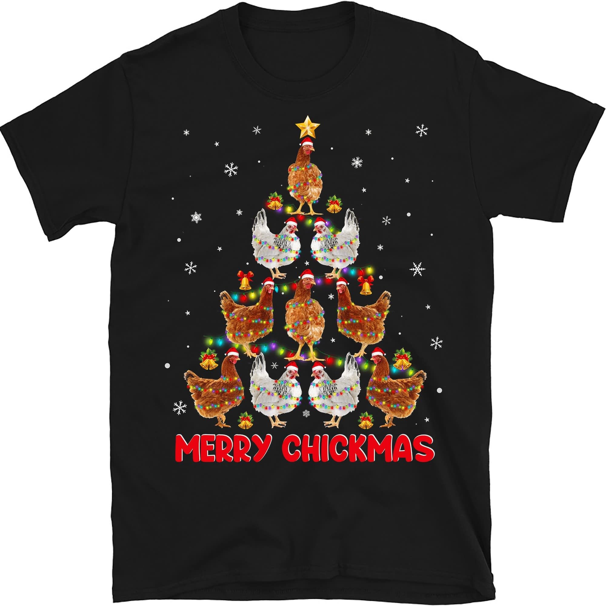 Christmas Lights Chicken Shirt, Santa Funny Xmas Tree Chicken T-Shirt, Chicken Farmer – Black/Medium