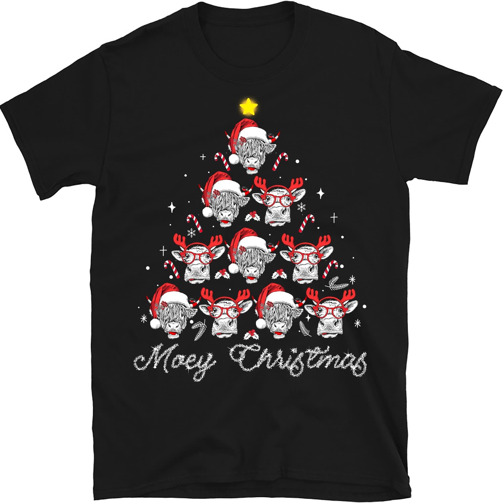 Cow Christmas Santa Heifer Xmas Lights Shirt, Cow Lovers Shirt, Cow Santa Shirt, Highland Cattle, Animal Lover Shirt – Black/XX-Large