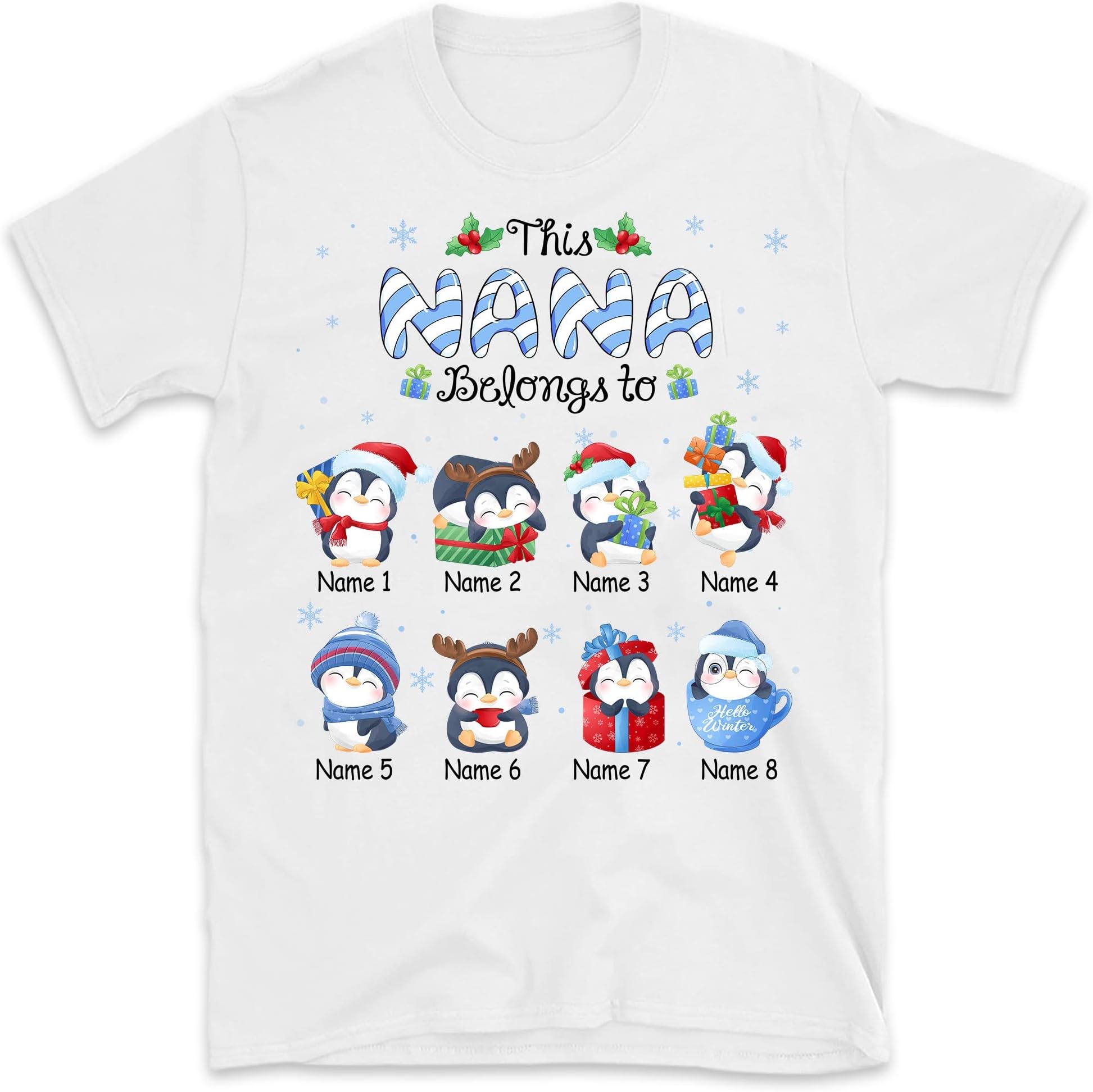 Grandma with Grandkids Name Christmas Personalized T Shirt, This Grandma Belongs to Grandkids Penguin Shirt, Custom Christmas Nana Shirt, Cute Penguin Christmas Women Men Tee Multicolored