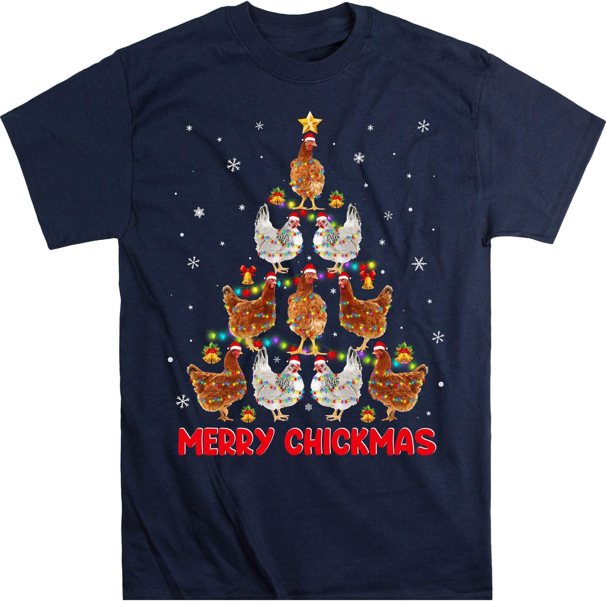 Christmas Lights Chicken Shirt, Santa Funny Xmas Tree Chicken T-Shirt, Chicken Farmer – Navy/XX-Large