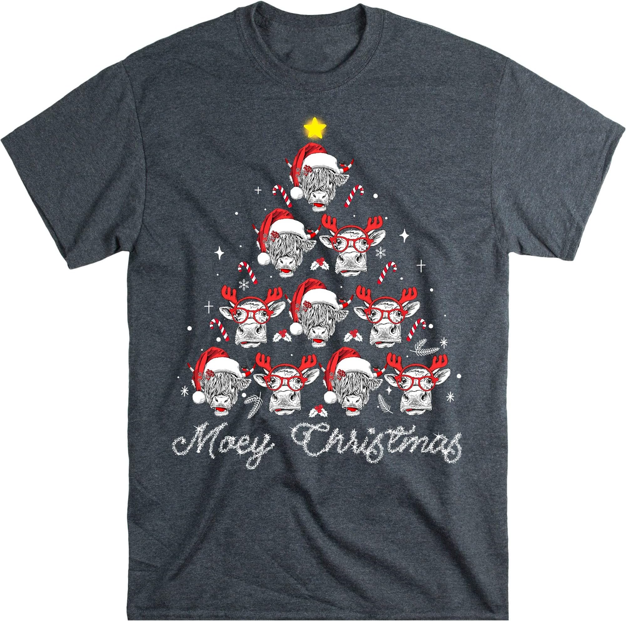 Cow Christmas Santa Heifer Xmas Lights Shirt, Cow Lovers Shirt, Cow Santa Shirt, Highland Cattle, Animal Lover Shirt – Dark Heather/3X-Large