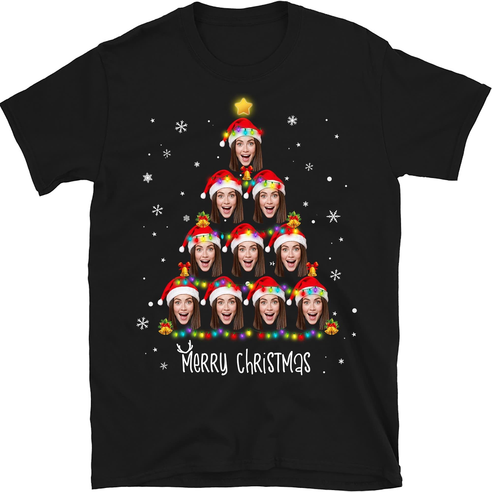 Custom Christmas Tree T-Shirt with Multi Faces Personalized, Customization Print Short Sleeve Shirts