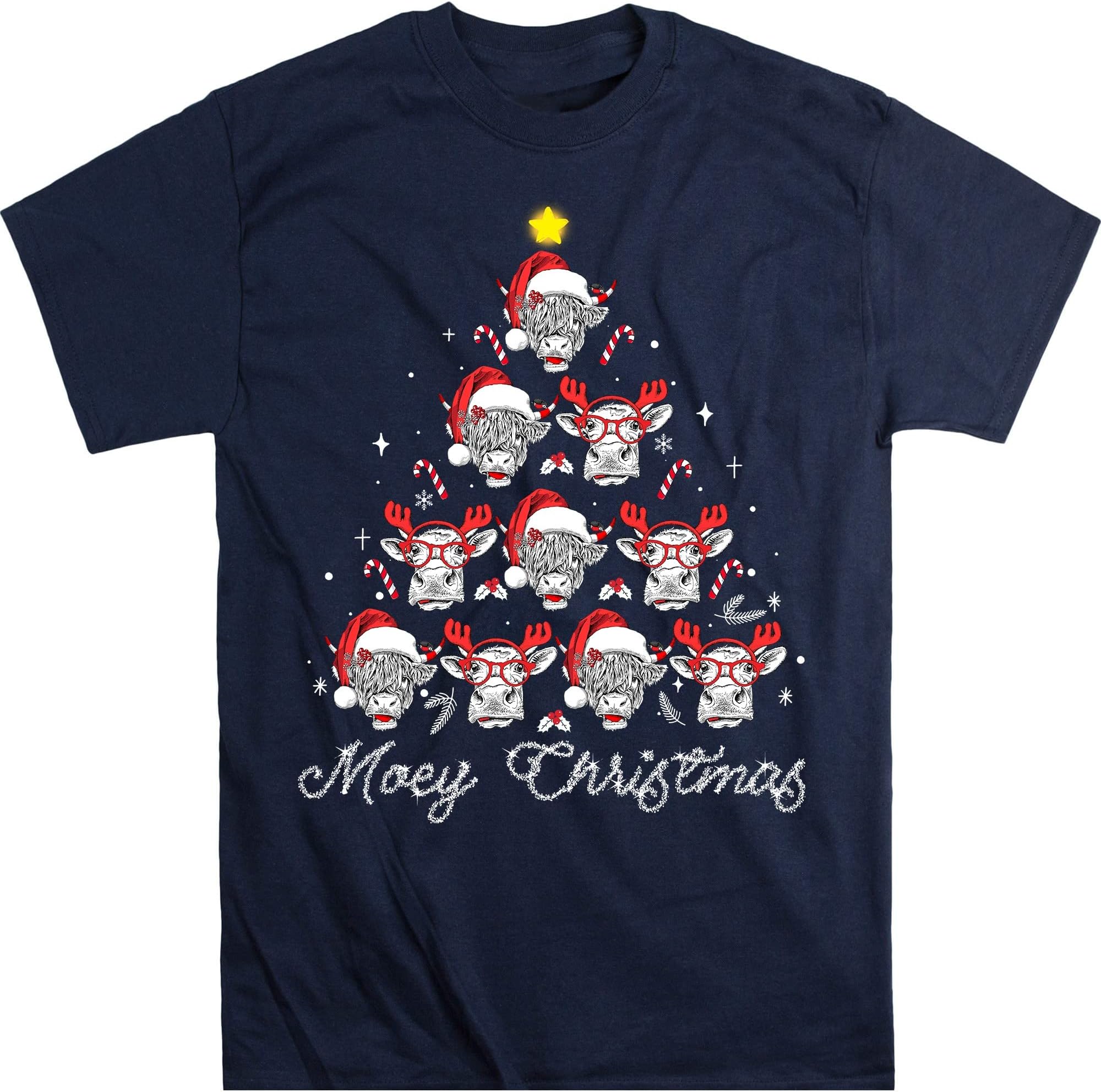 Cow Christmas Santa Heifer Xmas Lights Shirt, Cow Lovers Shirt, Cow Santa Shirt, Highland Cattle, Animal Lover Shirt – Navy/4X-Large